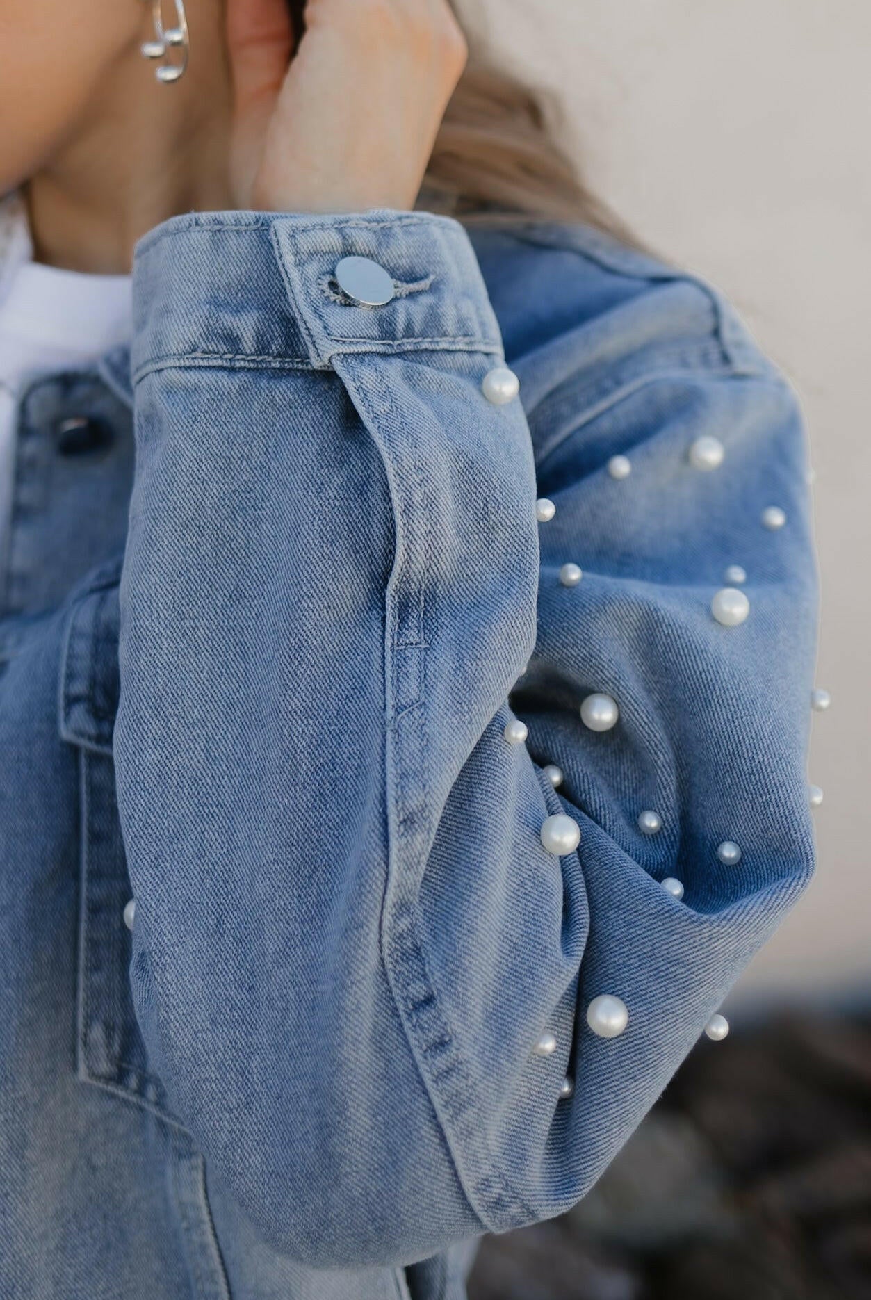 Pearly Girly Peal Denim Jacket-Jackets-Krush Kandy, Women's Online Fashion Boutique Located in Phoenix, Arizona (Scottsdale Area)