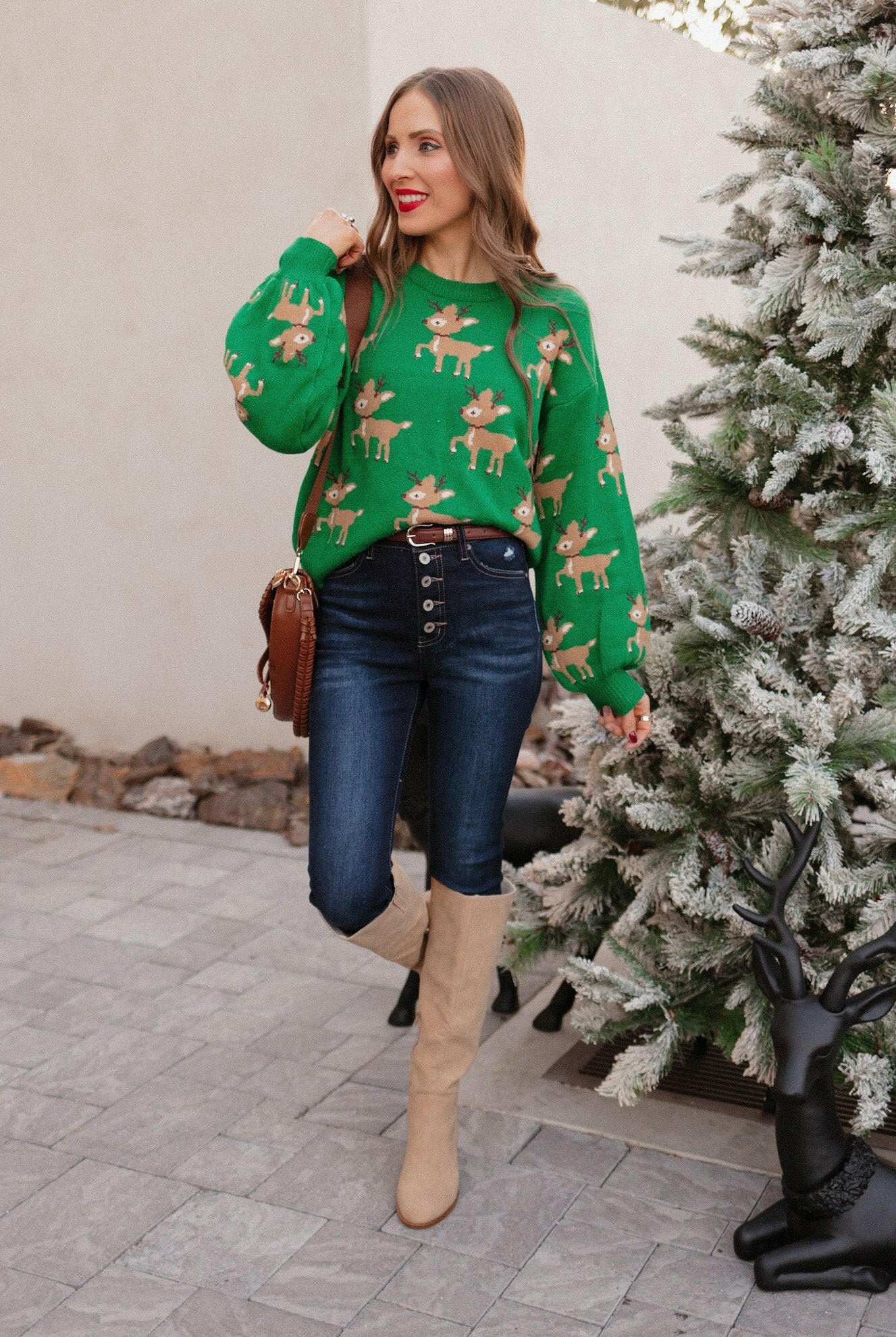 Green Sweater with Reindeer Pattern-Sweater-Krush Kandy, Women's Online Fashion Boutique Located in Phoenix, Arizona (Scottsdale Area)