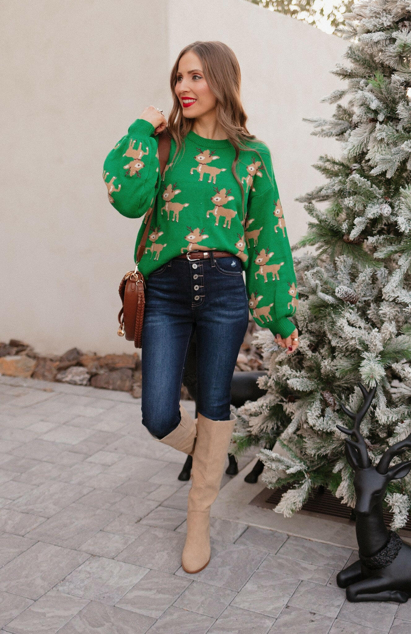 Green Sweater with Reindeer Pattern-Sweater-Krush Kandy, Women's Online Fashion Boutique Located in Phoenix, Arizona (Scottsdale Area)
