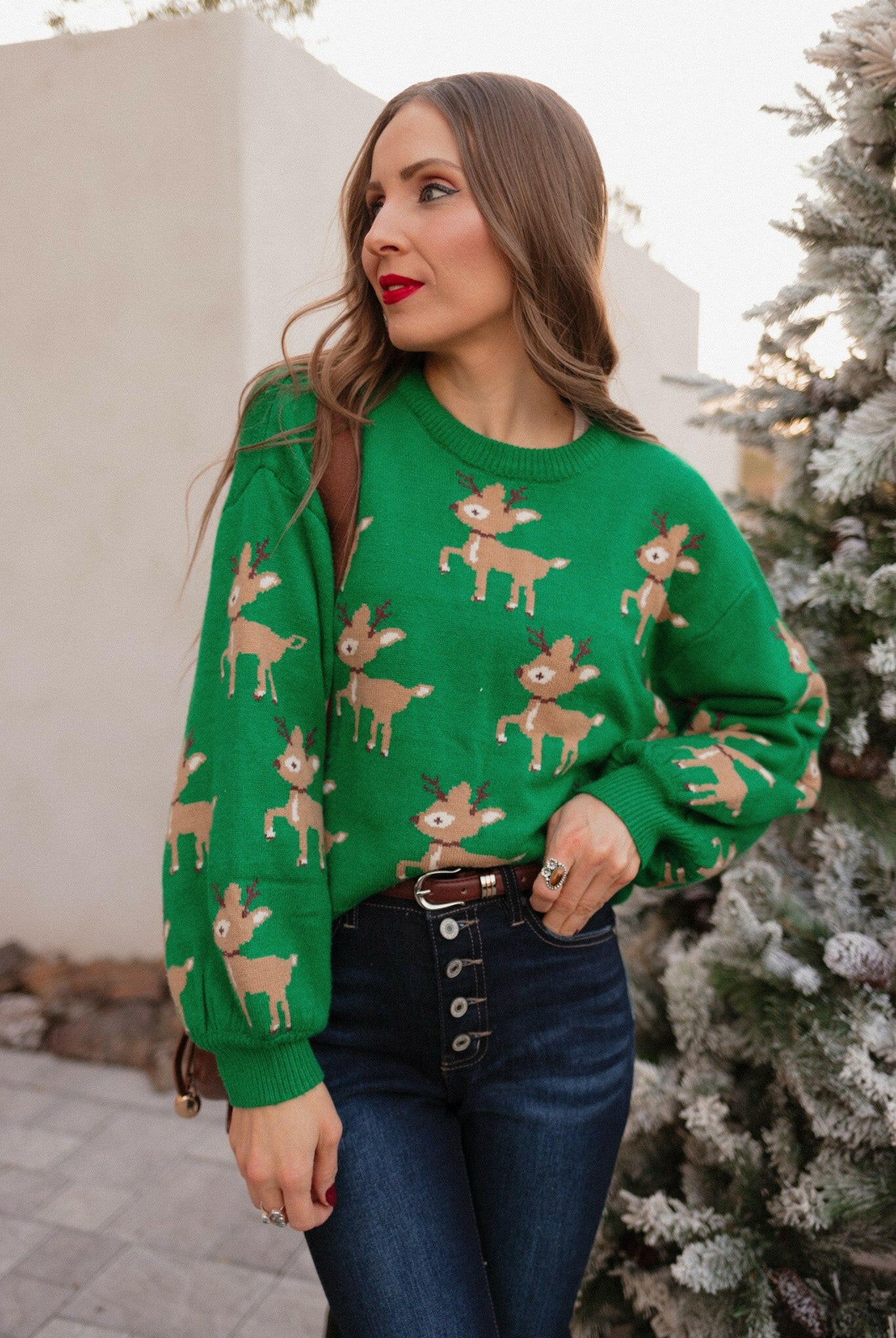 Green Sweater with Reindeer Pattern-Sweater-Krush Kandy, Women's Online Fashion Boutique Located in Phoenix, Arizona (Scottsdale Area)