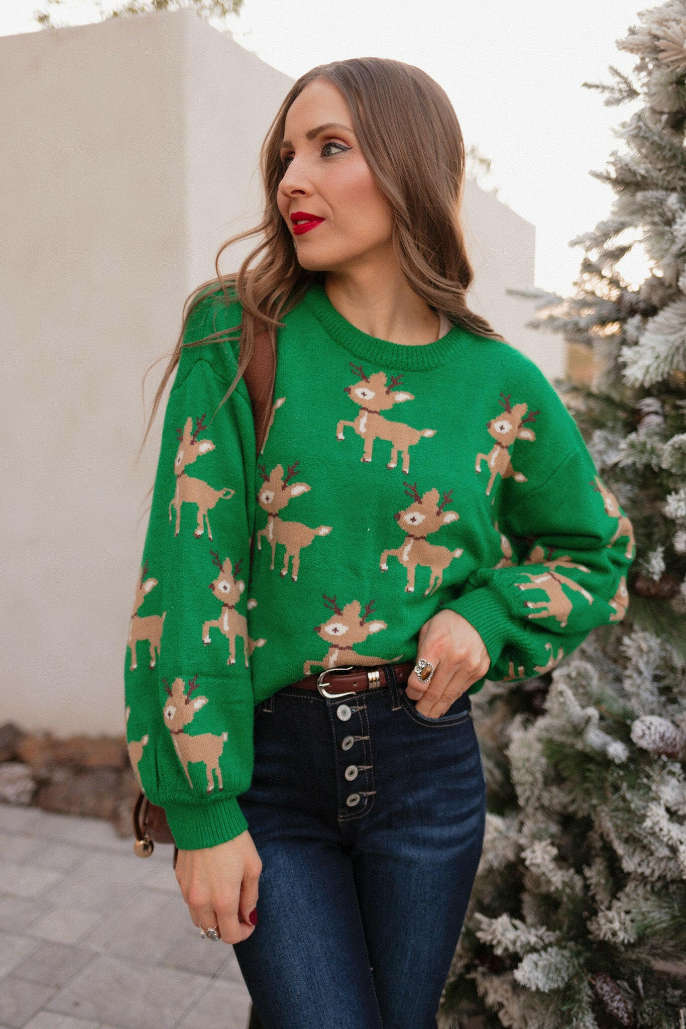 Green Sweater with Reindeer Pattern-Sweater-Krush Kandy, Women's Online Fashion Boutique Located in Phoenix, Arizona (Scottsdale Area)
