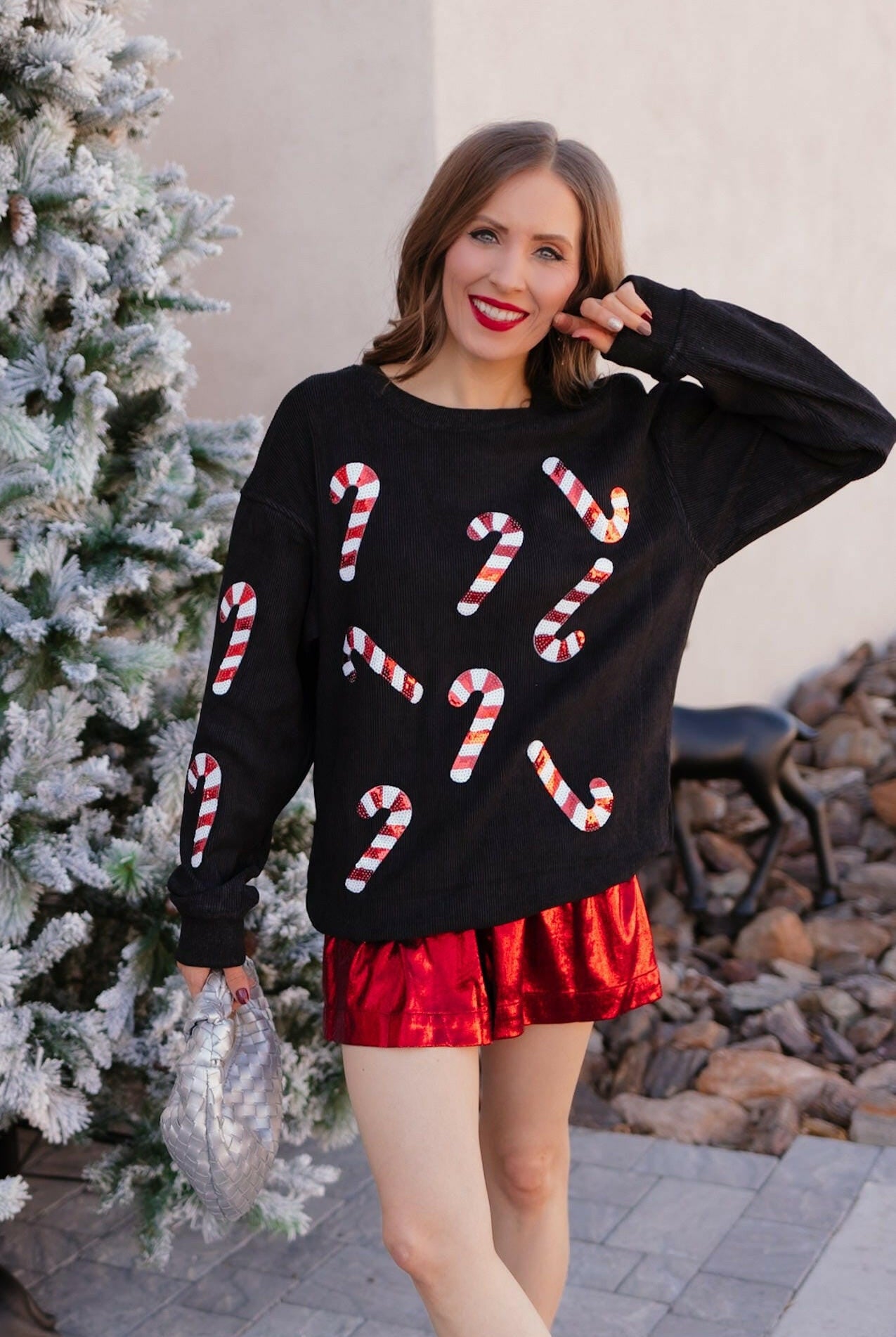 Sequin Candy Cane Round Neck Sweatshirt-Sweaters-Krush Kandy, Women's Online Fashion Boutique Located in Phoenix, Arizona (Scottsdale Area)
