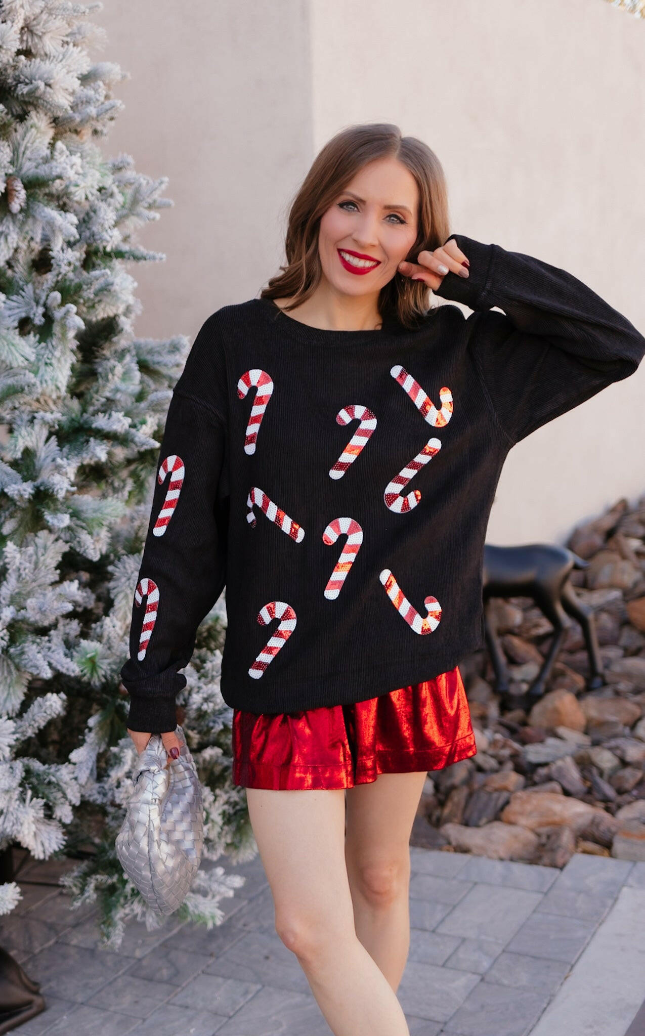 Sequin Candy Cane Round Neck Sweatshirt-Sweaters-Krush Kandy, Women's Online Fashion Boutique Located in Phoenix, Arizona (Scottsdale Area)