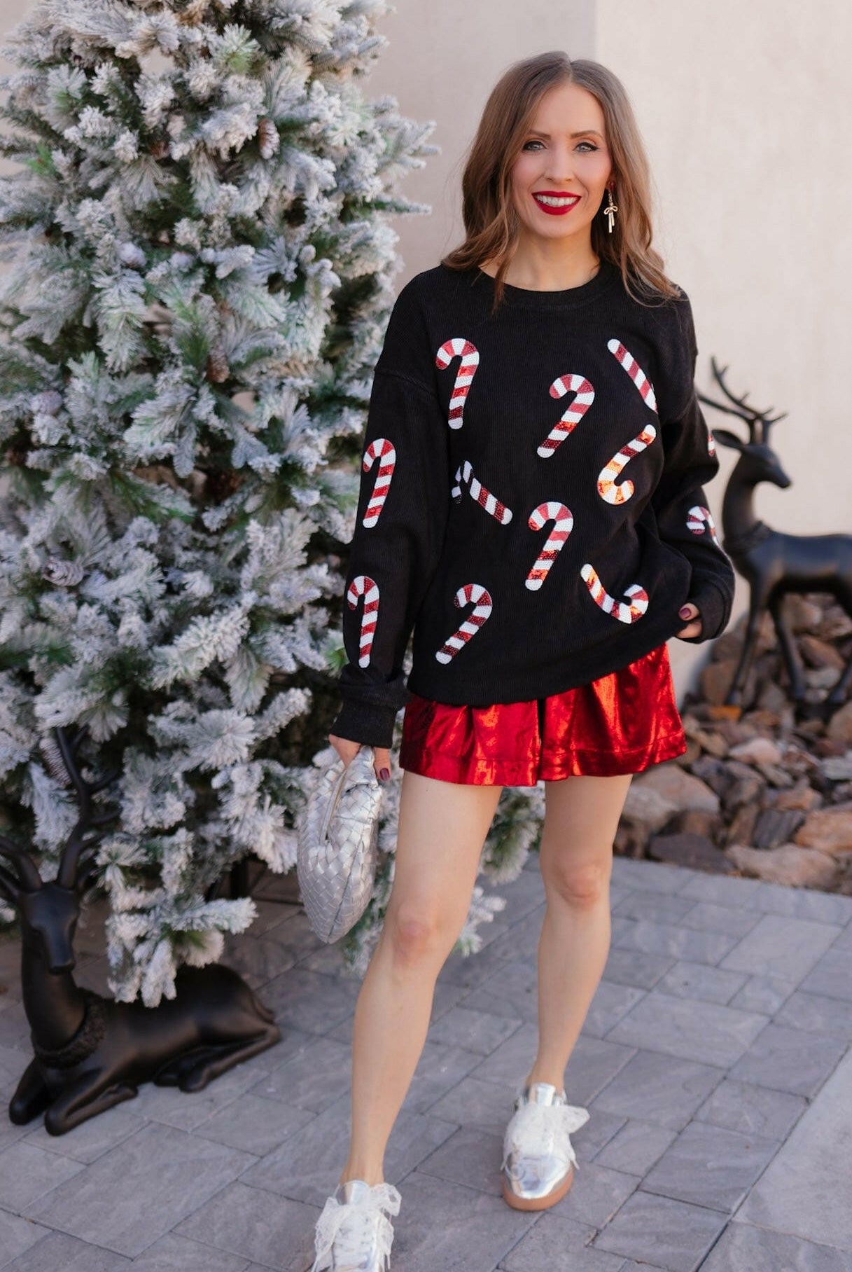 Sequin Candy Cane Round Neck Sweatshirt-Sweaters-Krush Kandy, Women's Online Fashion Boutique Located in Phoenix, Arizona (Scottsdale Area)