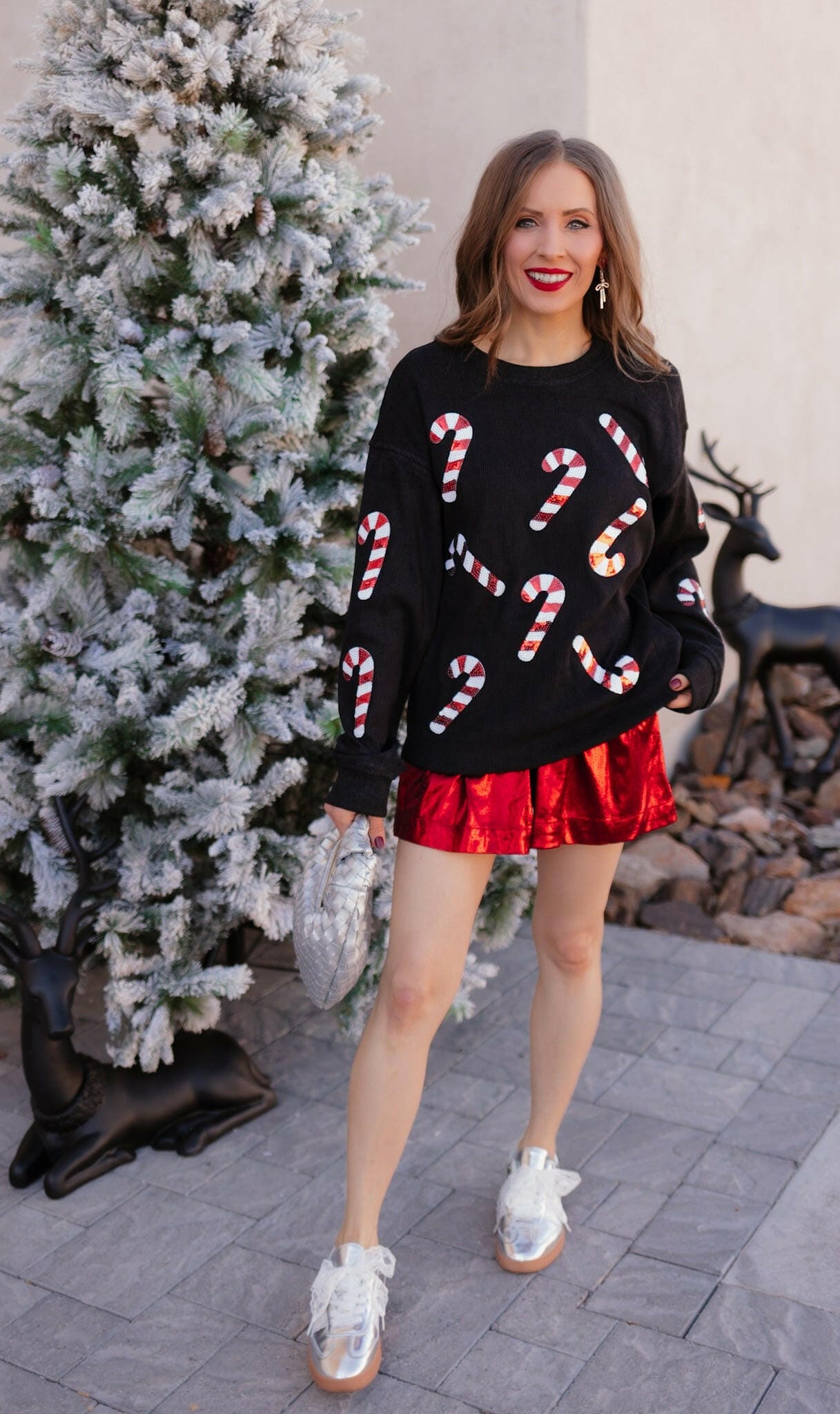 Sequin Candy Cane Round Neck Sweatshirt-Sweaters-Krush Kandy, Women's Online Fashion Boutique Located in Phoenix, Arizona (Scottsdale Area)