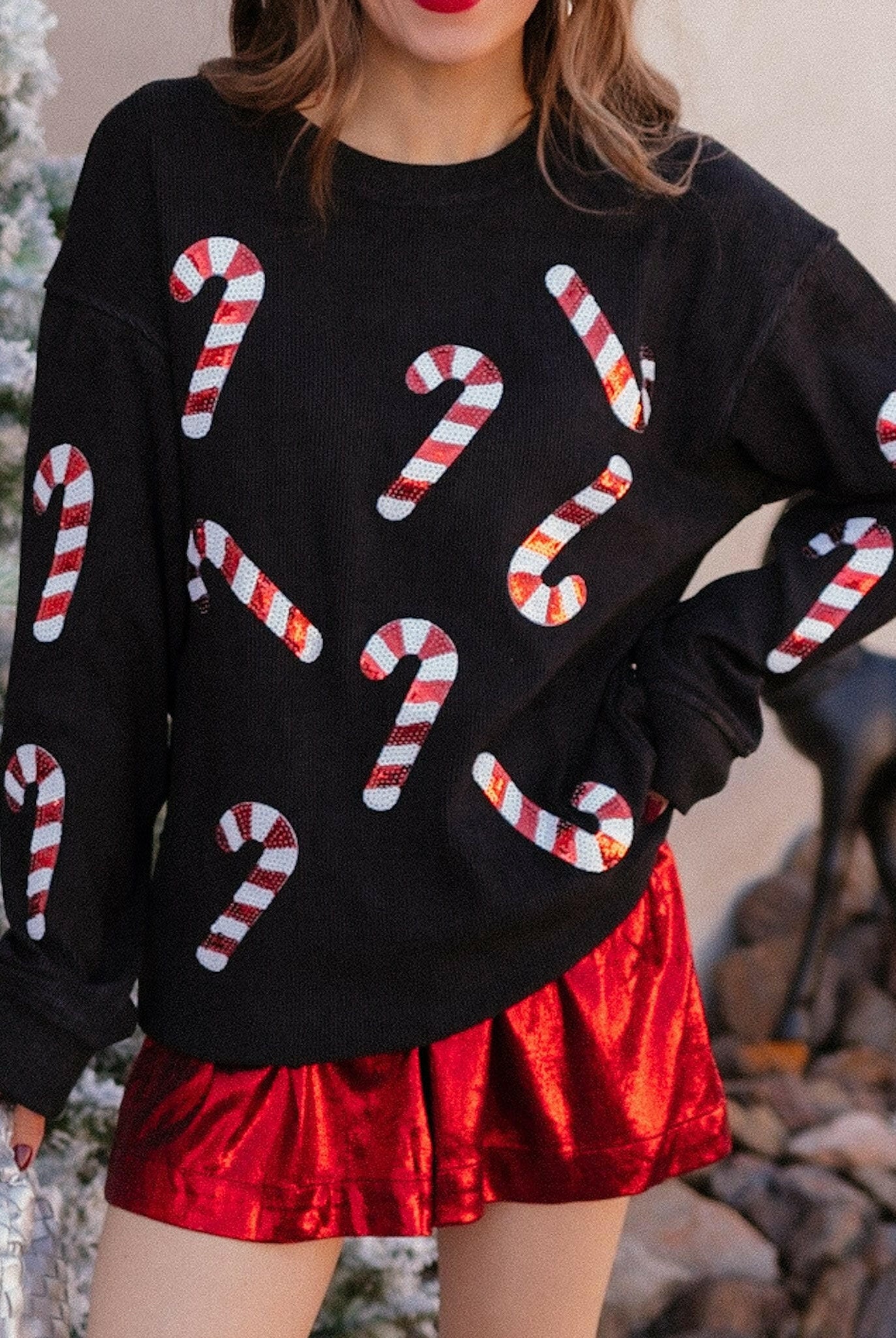 Sequin Candy Cane Round Neck Sweatshirt-Sweaters-Krush Kandy, Women's Online Fashion Boutique Located in Phoenix, Arizona (Scottsdale Area)