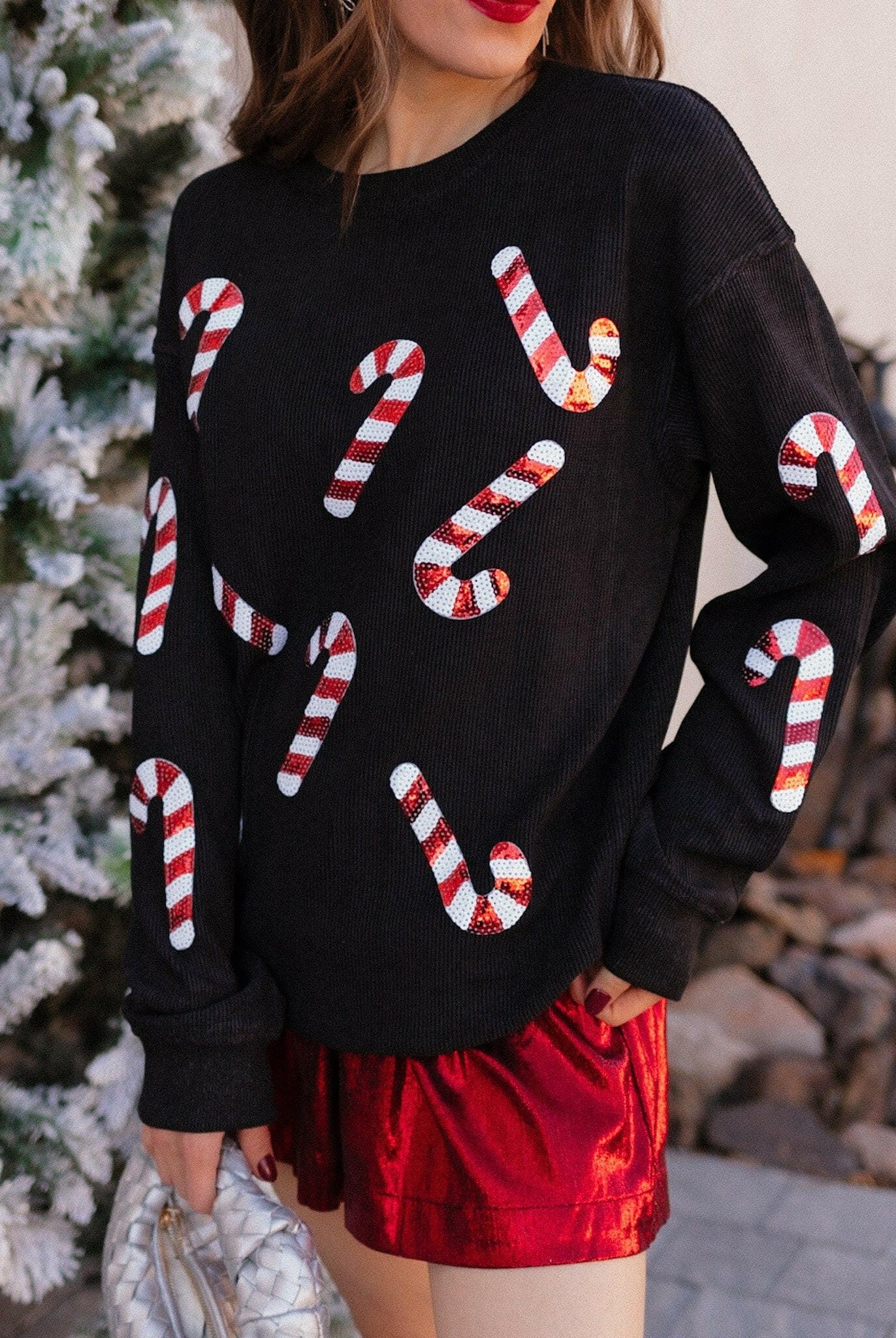 Sequin Candy Cane Round Neck Sweatshirt-Sweaters-Krush Kandy, Women's Online Fashion Boutique Located in Phoenix, Arizona (Scottsdale Area)