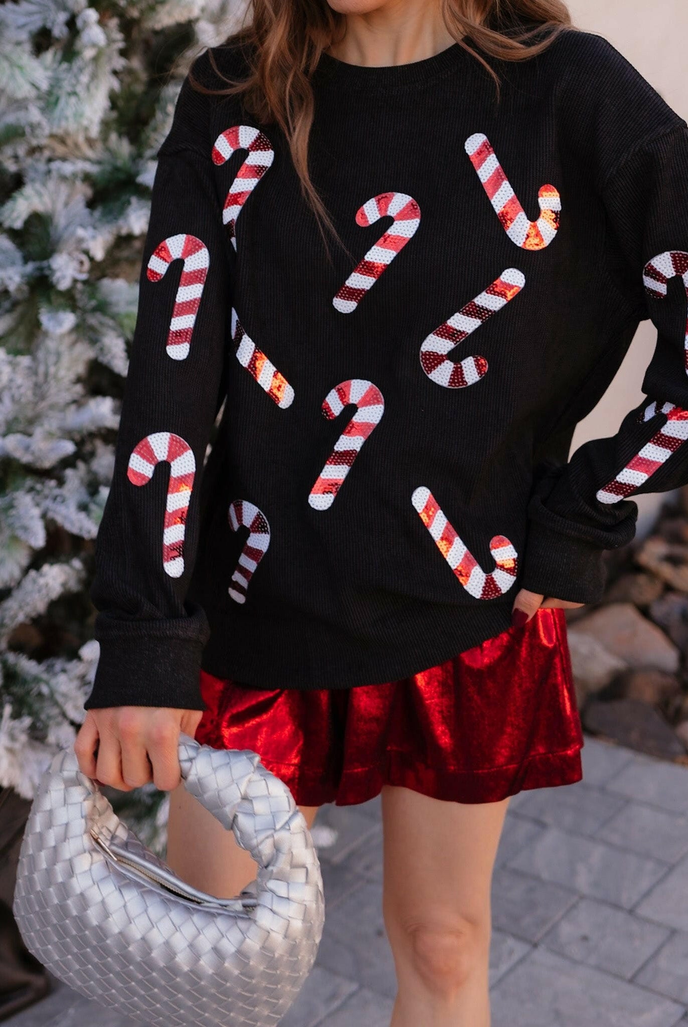 Sequin Candy Cane Round Neck Sweatshirt-Sweaters-Krush Kandy, Women's Online Fashion Boutique Located in Phoenix, Arizona (Scottsdale Area)