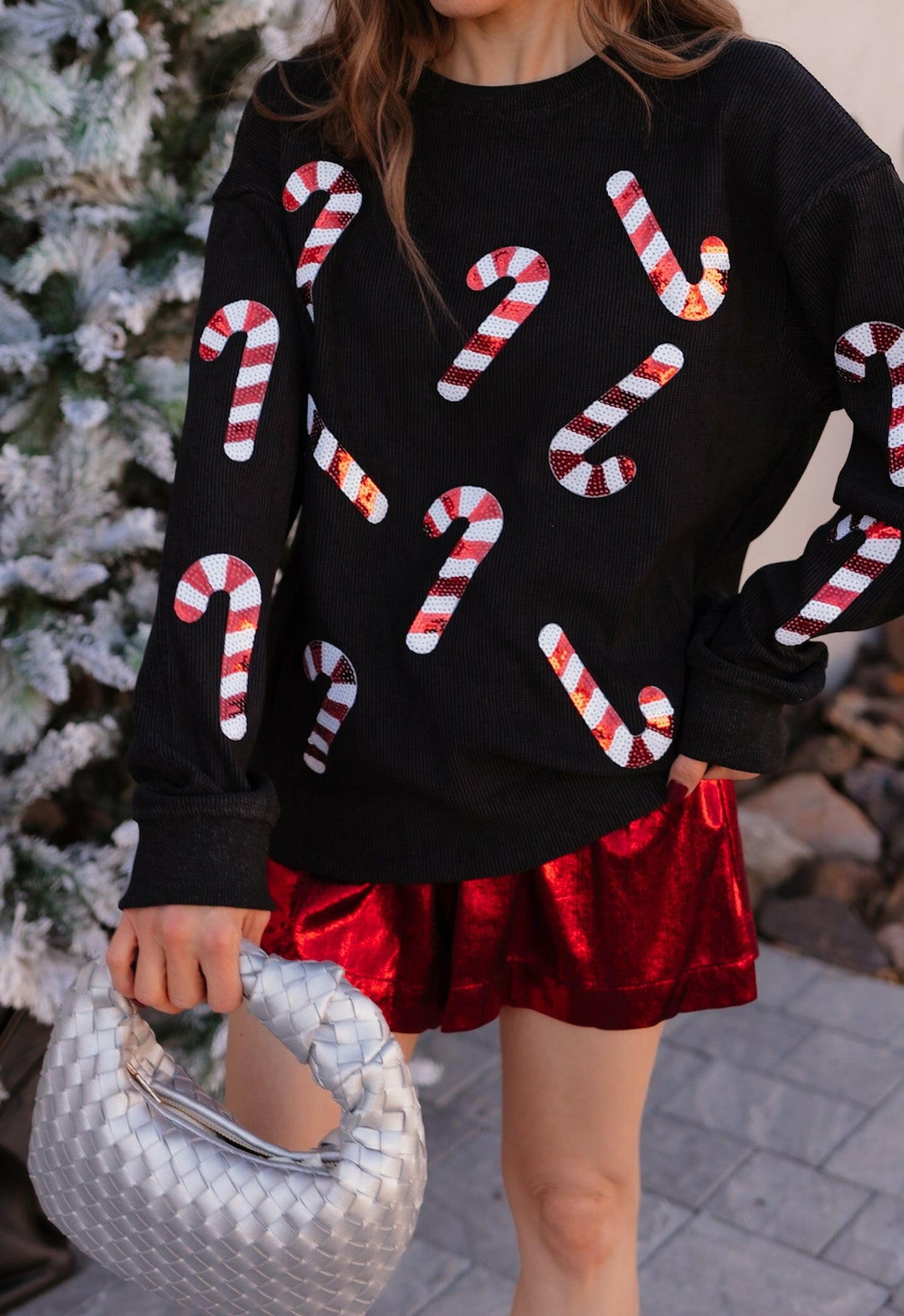 Sequin Candy Cane Round Neck Sweatshirt-Sweaters-Krush Kandy, Women's Online Fashion Boutique Located in Phoenix, Arizona (Scottsdale Area)