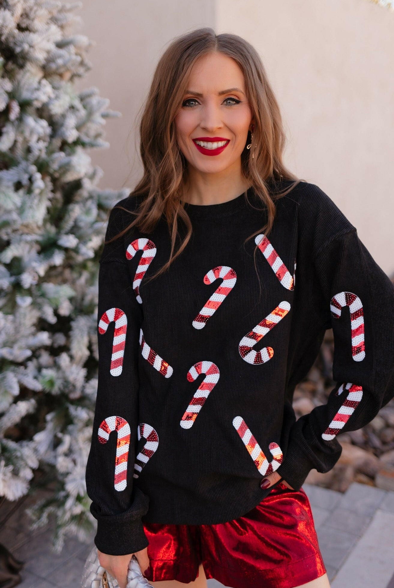 Sequin Candy Cane Round Neck Sweatshirt-Sweaters-Krush Kandy, Women's Online Fashion Boutique Located in Phoenix, Arizona (Scottsdale Area)