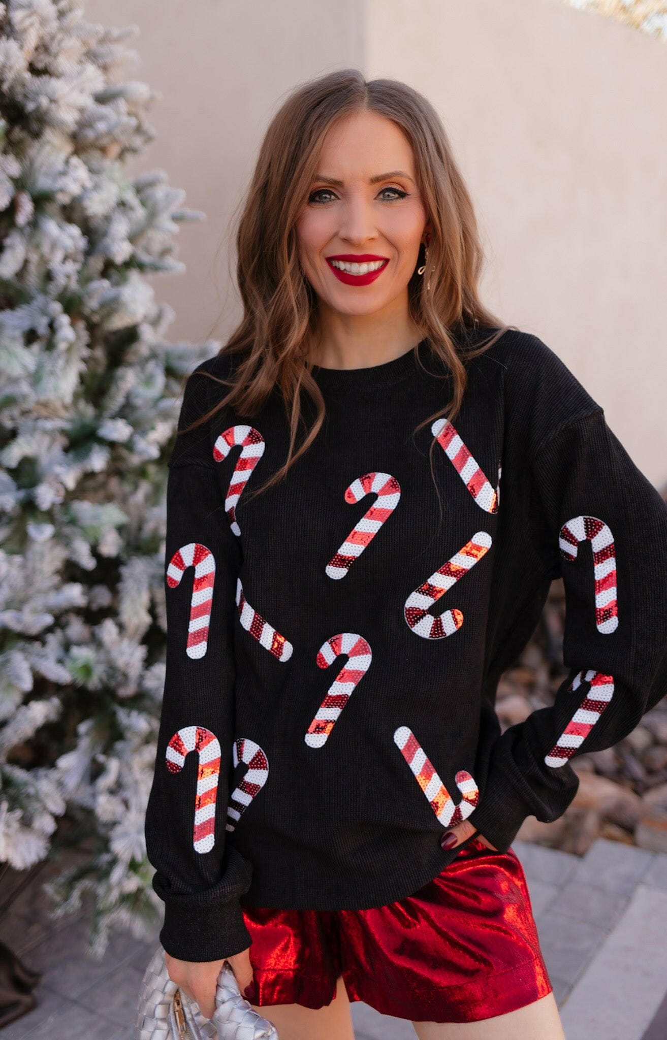 Sequin Candy Cane Round Neck Sweatshirt-Sweaters-Krush Kandy, Women's Online Fashion Boutique Located in Phoenix, Arizona (Scottsdale Area)