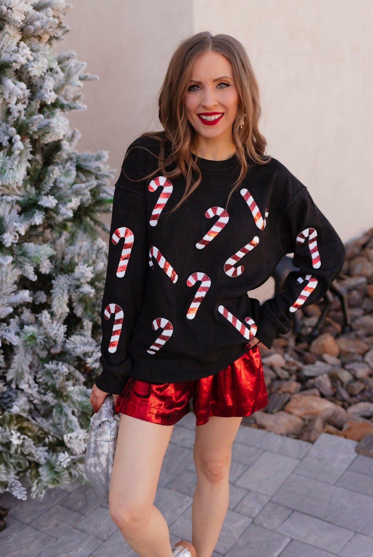 Sequin Candy Cane Round Neck Sweatshirt-Sweaters-Krush Kandy, Women's Online Fashion Boutique Located in Phoenix, Arizona (Scottsdale Area)