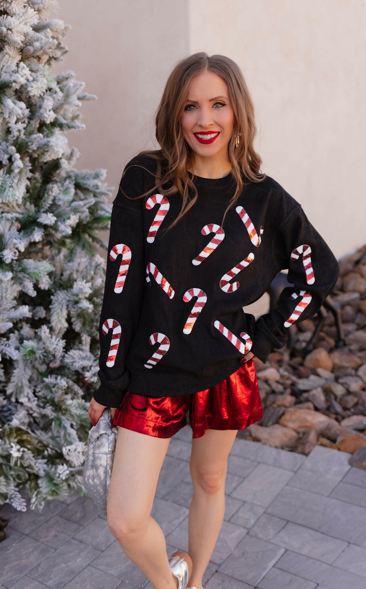 Sequin Candy Cane Round Neck Sweatshirt-Sweaters-Krush Kandy, Women's Online Fashion Boutique Located in Phoenix, Arizona (Scottsdale Area)