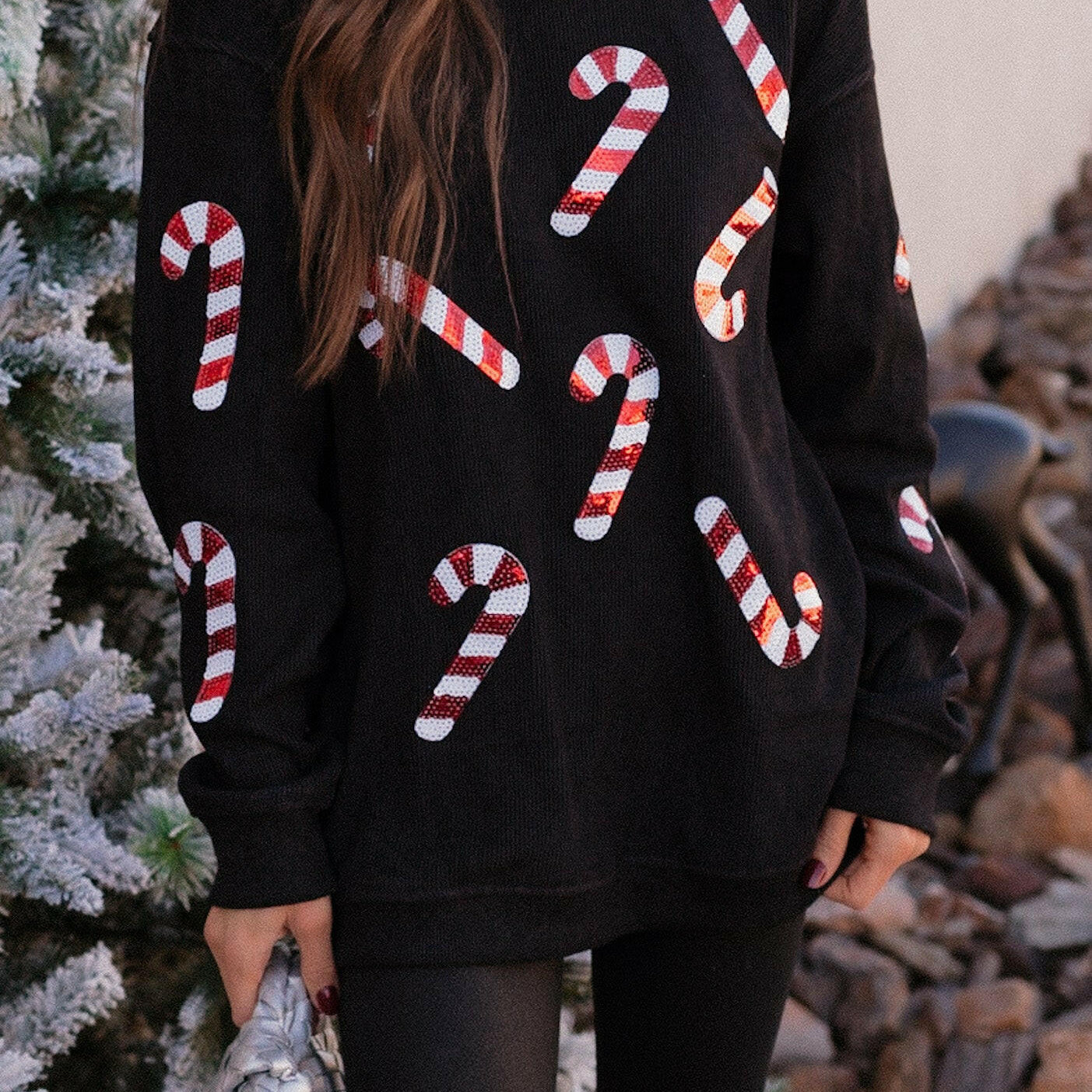 Sequin Candy Cane Round Neck Sweatshirt-Sweaters-Krush Kandy, Women's Online Fashion Boutique Located in Phoenix, Arizona (Scottsdale Area)