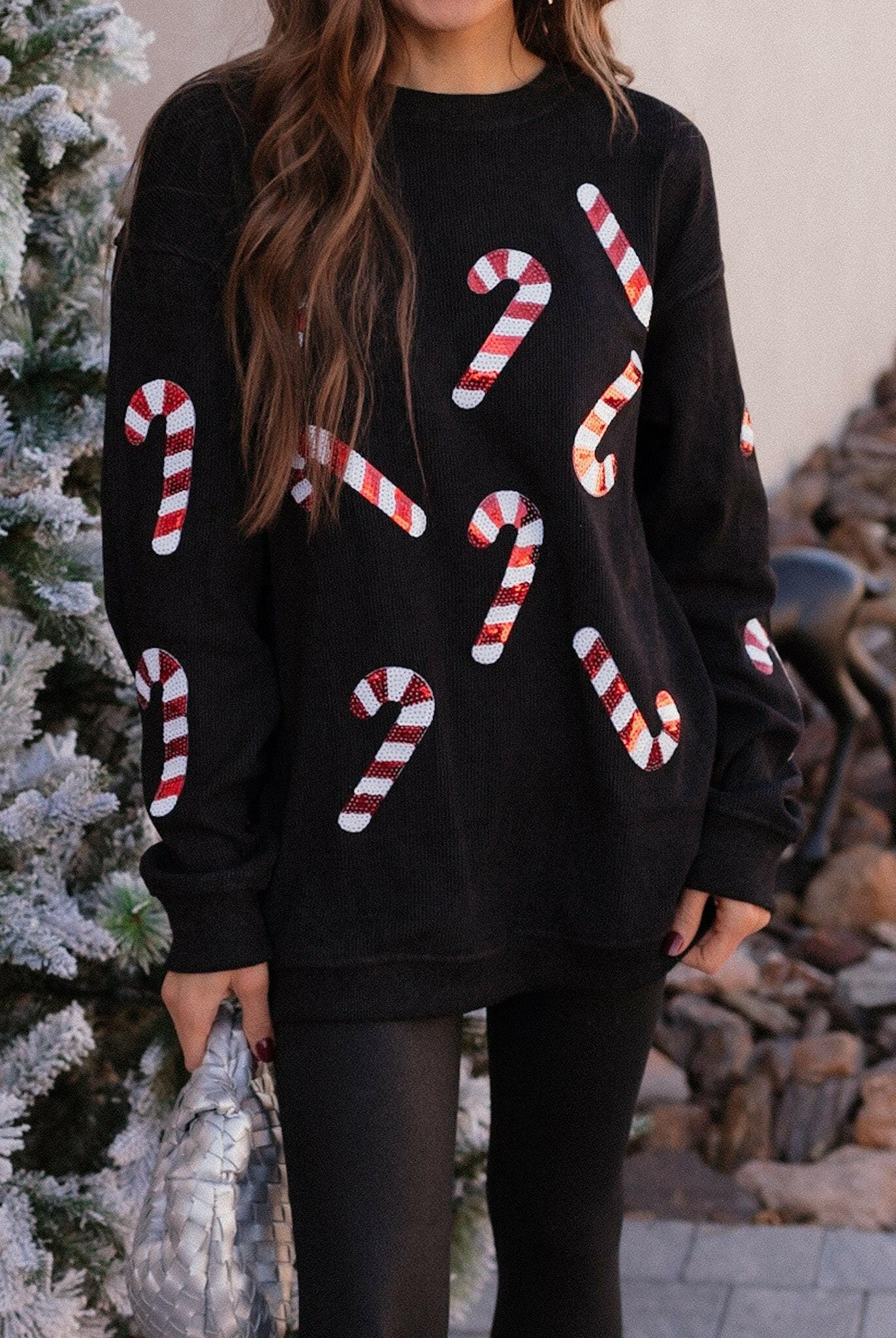 Sequin Candy Cane Round Neck Sweatshirt-Sweaters-Krush Kandy, Women's Online Fashion Boutique Located in Phoenix, Arizona (Scottsdale Area)