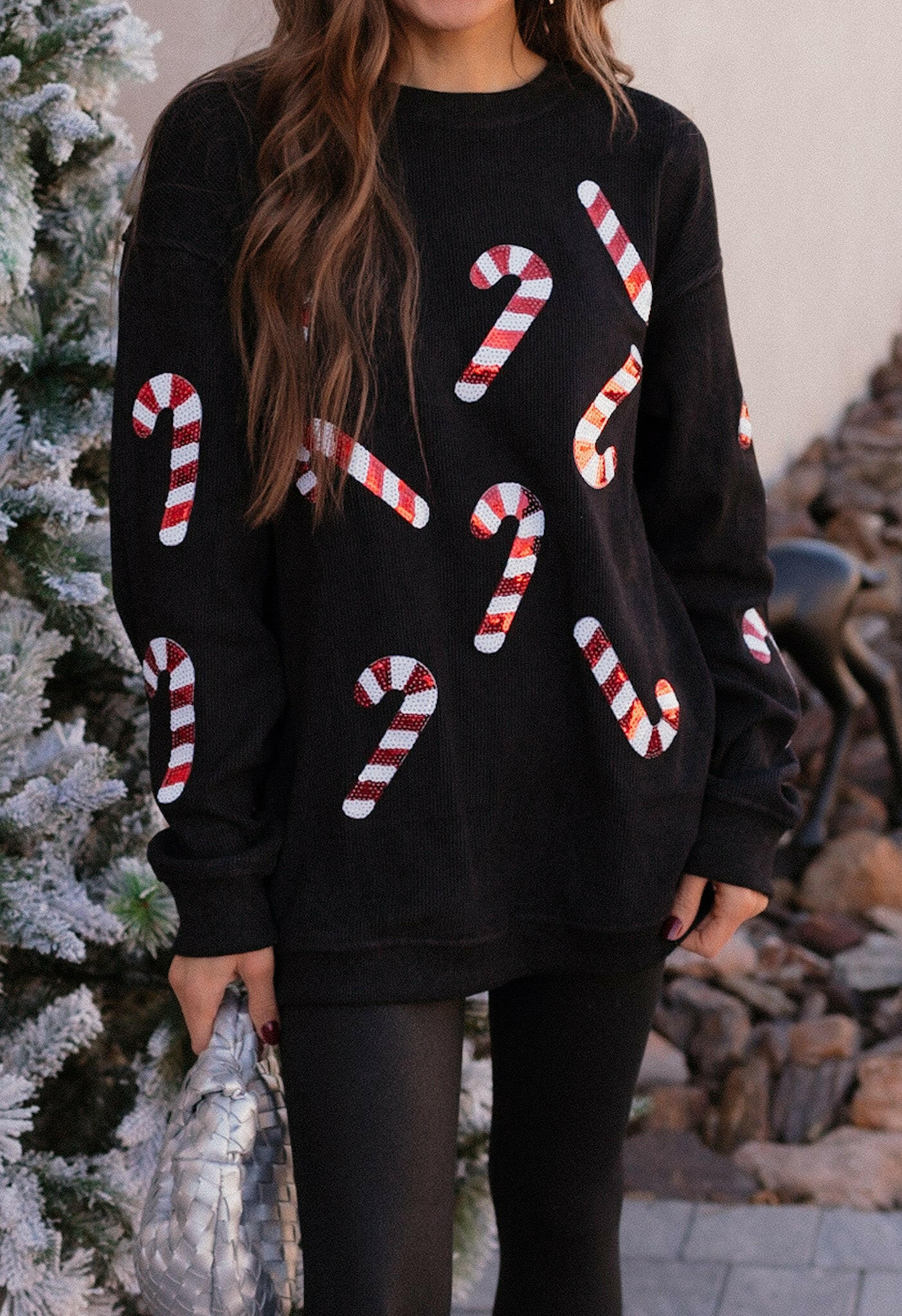 Sequin Candy Cane Round Neck Sweatshirt-Sweaters-Krush Kandy, Women's Online Fashion Boutique Located in Phoenix, Arizona (Scottsdale Area)