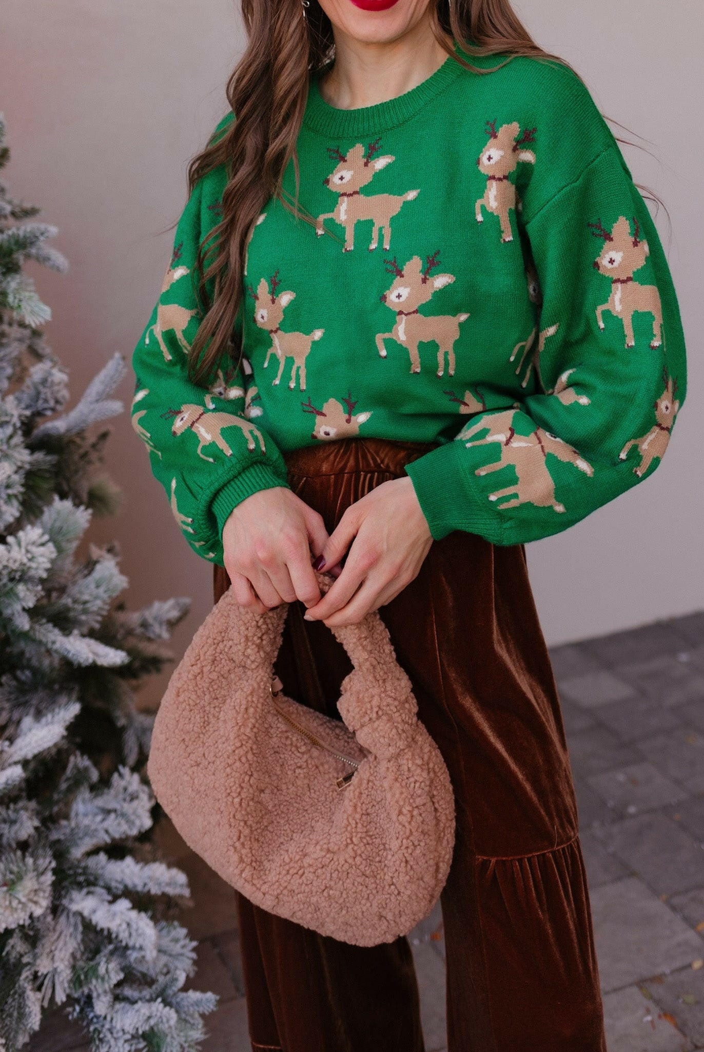Green Sweater with Reindeer Pattern-Sweater-Krush Kandy, Women's Online Fashion Boutique Located in Phoenix, Arizona (Scottsdale Area)