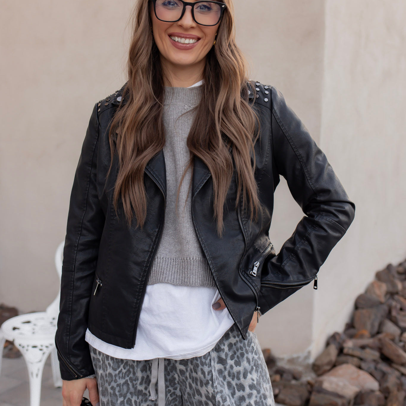 Coalition LA Studded Classic Moto Faux Leather Jacket