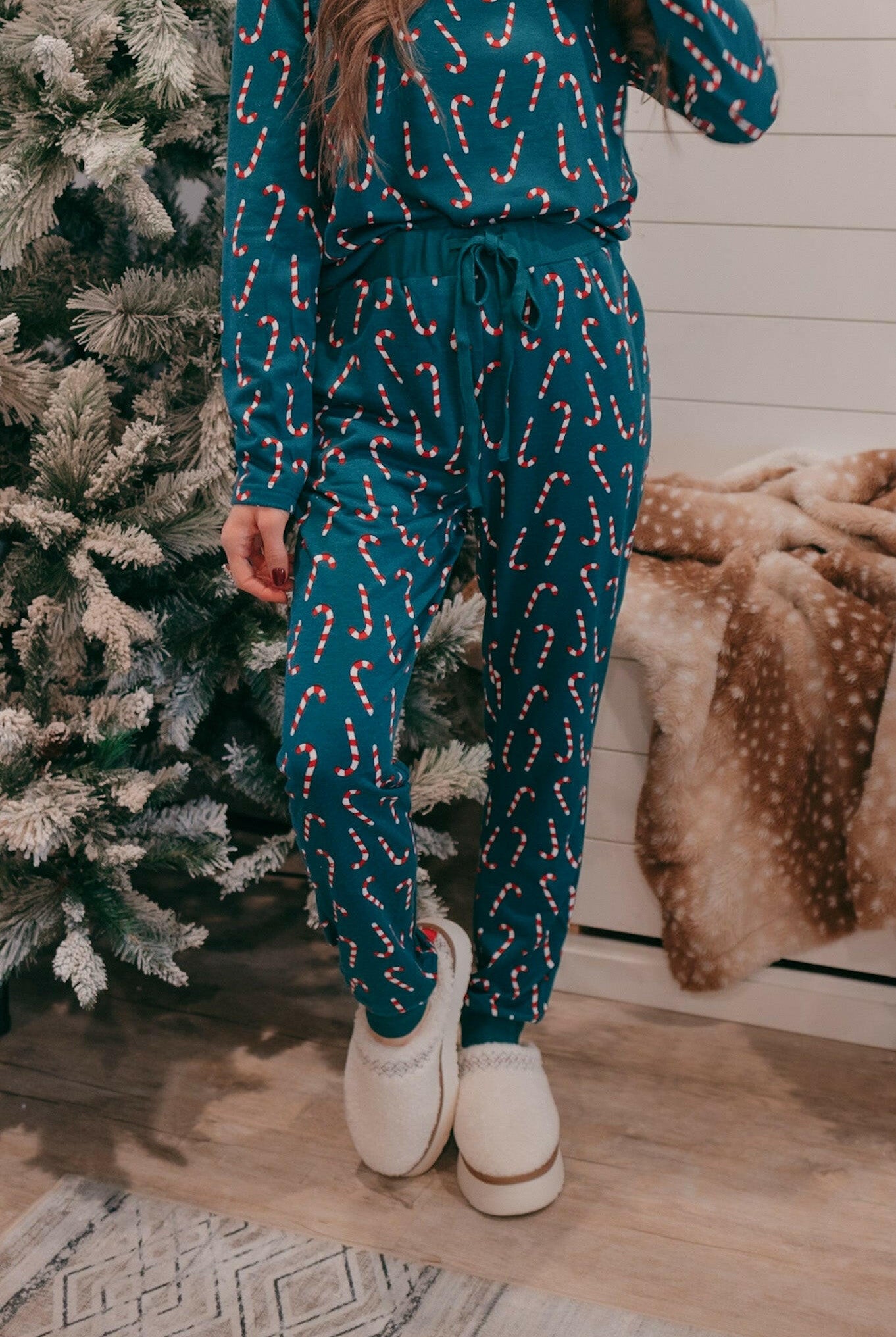 Dark Green Candy Cane Christmas Lounge Set-2 Piece Outfit Sets-Krush Kandy, Women's Online Fashion Boutique Located in Phoenix, Arizona (Scottsdale Area)