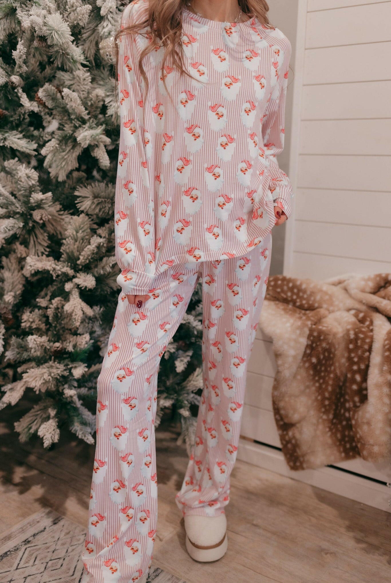 Pink Santa Claus Striped Lounge Set-2 Piece Outfit Sets-Krush Kandy, Women's Online Fashion Boutique Located in Phoenix, Arizona (Scottsdale Area)
