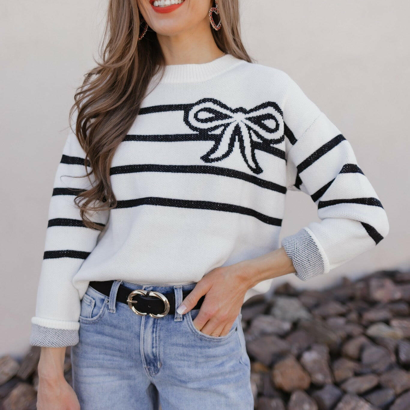 Coquette Charm Bow Stripe Sweater-Sweaters-Krush Kandy, Women's Online Fashion Boutique Located in Phoenix, Arizona (Scottsdale Area)