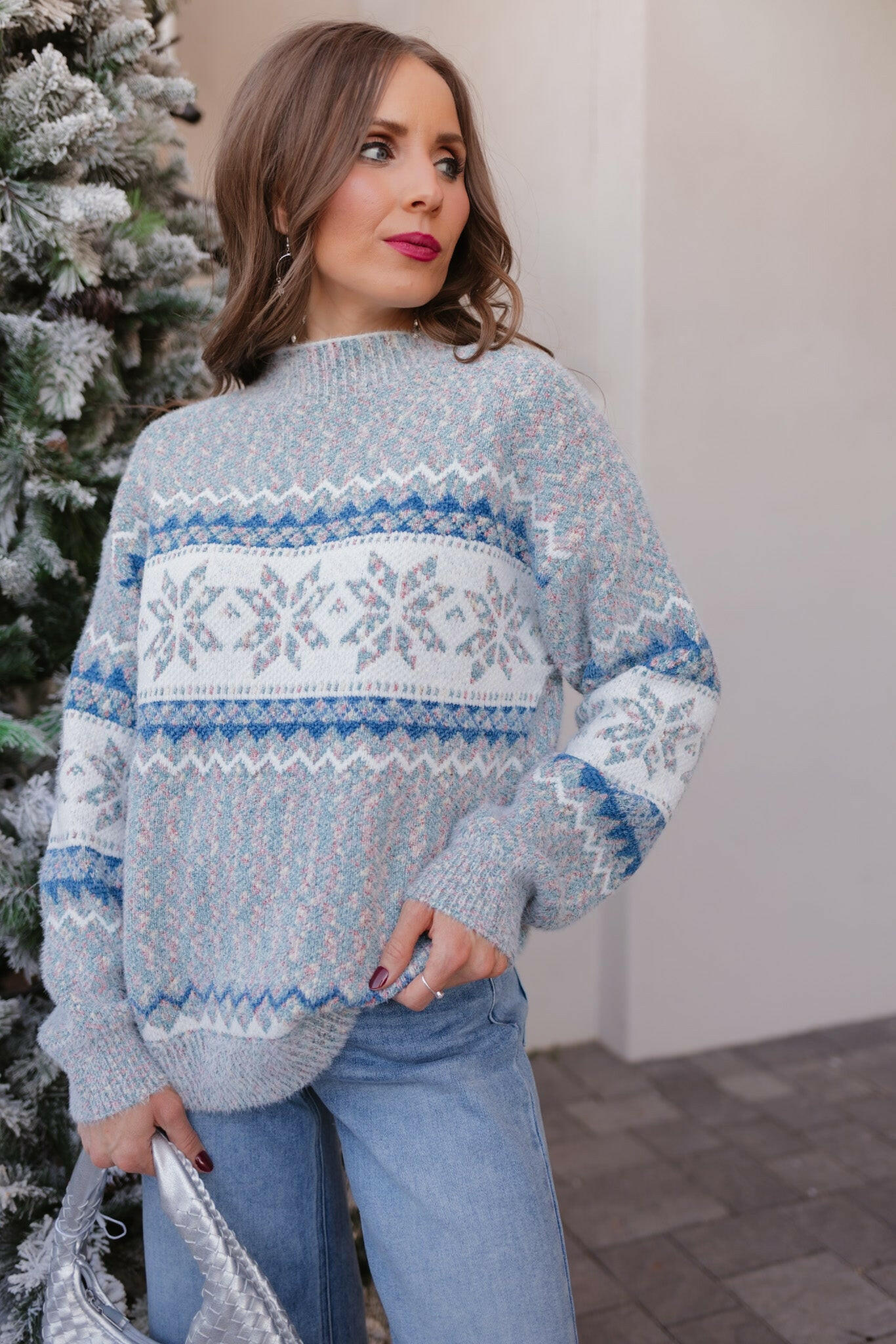 Let It Snow Snowflake Mock Neck Sweater – Cozy Winter Knit-Sweater-Krush Kandy, Women's Online Fashion Boutique Located in Phoenix, Arizona (Scottsdale Area)