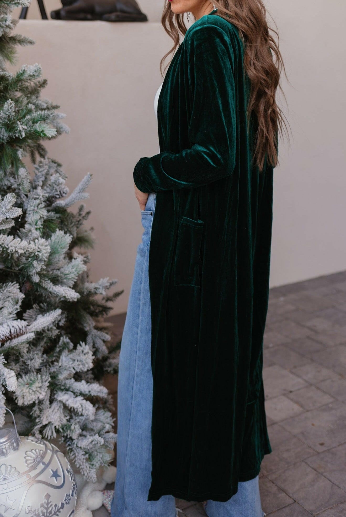 Evergreen Affair Velvet Duster Cardigan-Cardigans-Krush Kandy, Women's Online Fashion Boutique Located in Phoenix, Arizona (Scottsdale Area)
