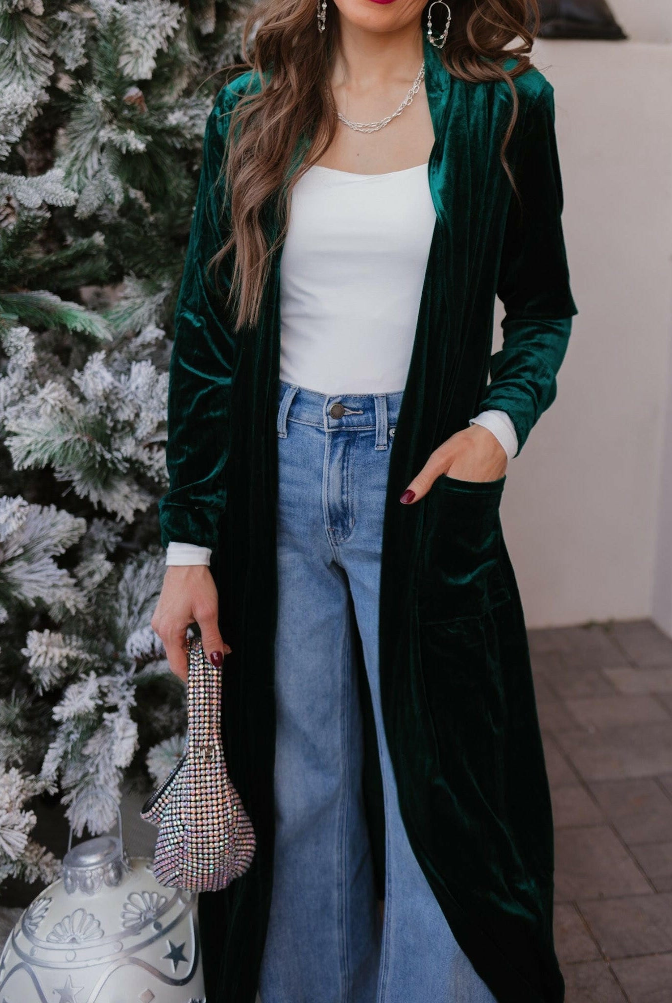 Evergreen Affair Velvet Duster Cardigan-Cardigans-Krush Kandy, Women's Online Fashion Boutique Located in Phoenix, Arizona (Scottsdale Area)