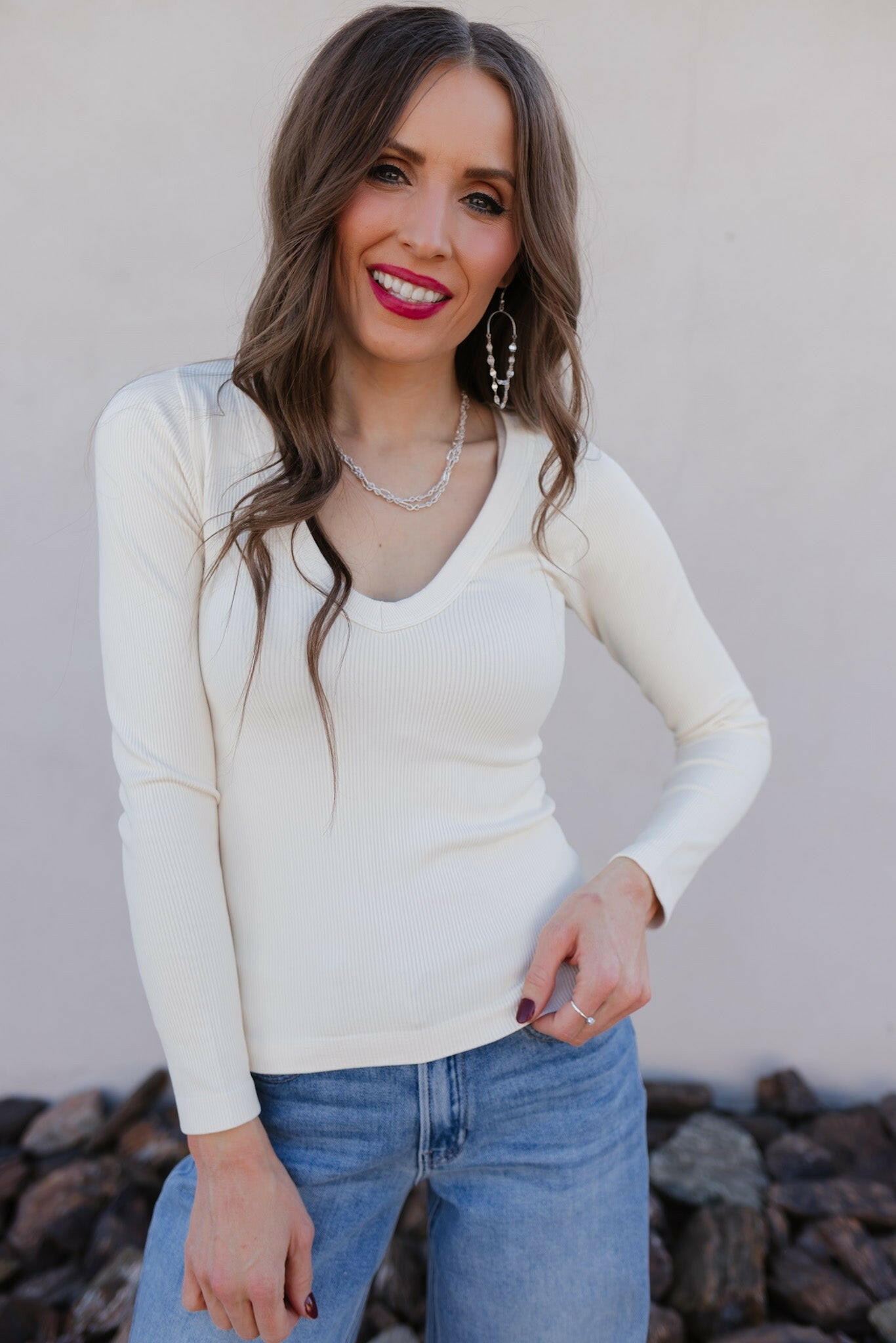 Dreamfit Deep V-Neck Long Sleeve - PREORDER-Long Sleeve Tops-Krush Kandy, Women's Online Fashion Boutique Located in Phoenix, Arizona (Scottsdale Area)