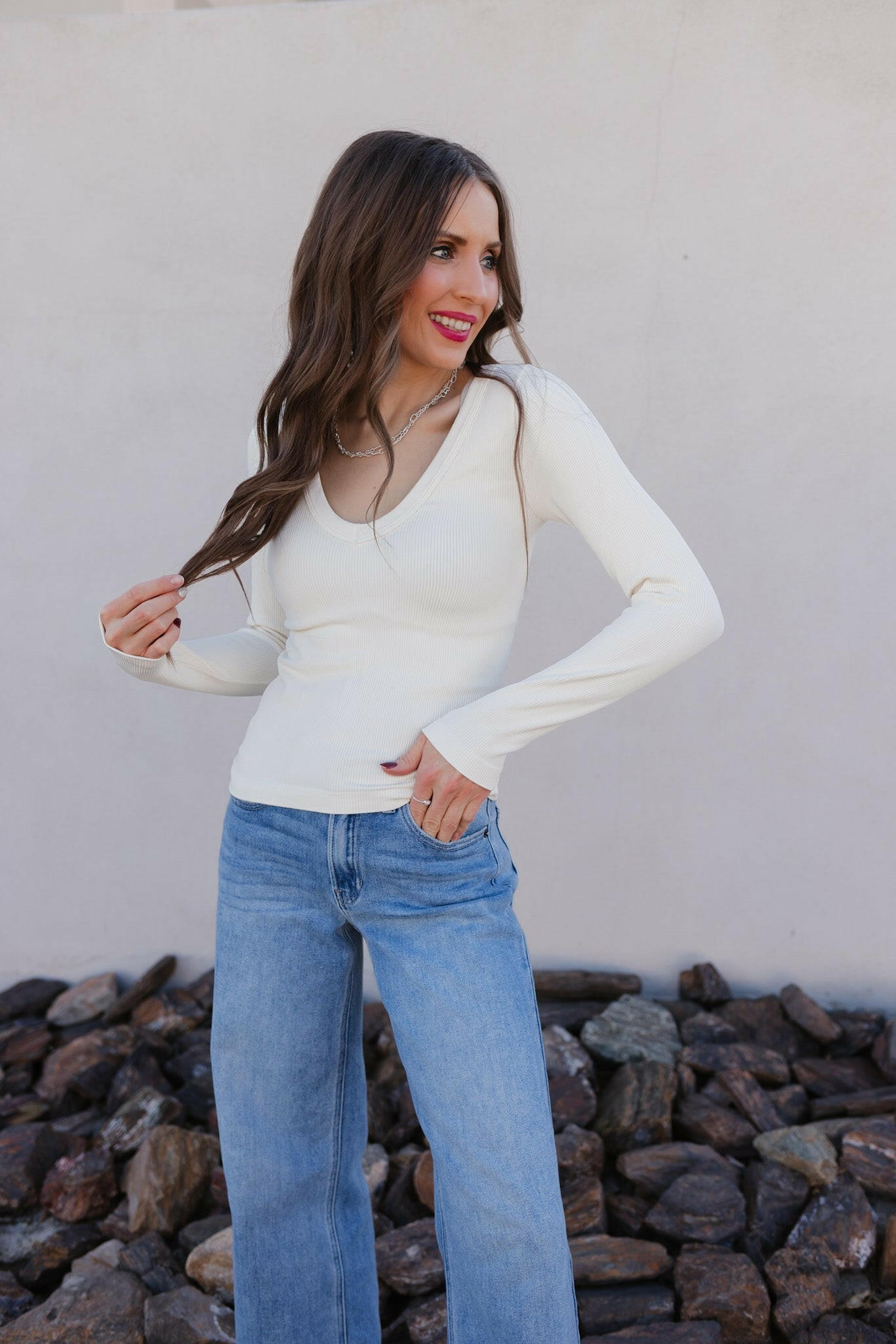 Dreamfit Deep V-Neck Long Sleeve - PREORDER-Long Sleeve Tops-Krush Kandy, Women's Online Fashion Boutique Located in Phoenix, Arizona (Scottsdale Area)