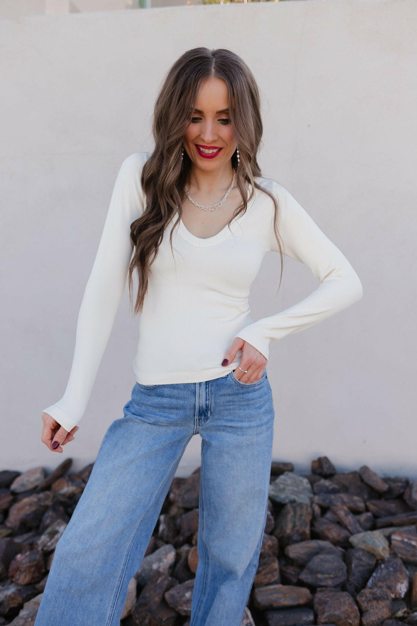 Dreamfit Deep V-Neck Long Sleeve - PREORDER-Long Sleeve Tops-Krush Kandy, Women's Online Fashion Boutique Located in Phoenix, Arizona (Scottsdale Area)