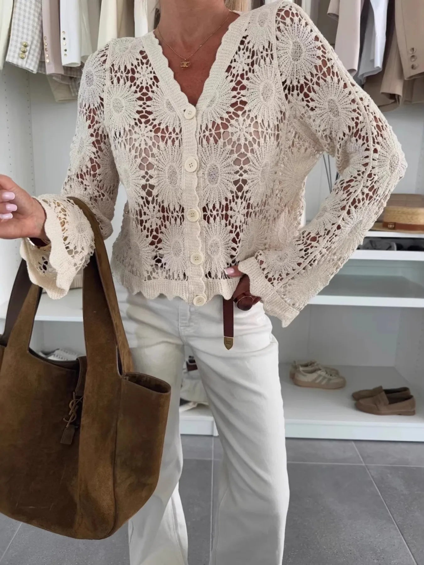 Lace V-Neck Button-Up Cardigan-Tops-Krush Kandy, Women's Online Fashion Boutique Located in Phoenix, Arizona (Scottsdale Area)