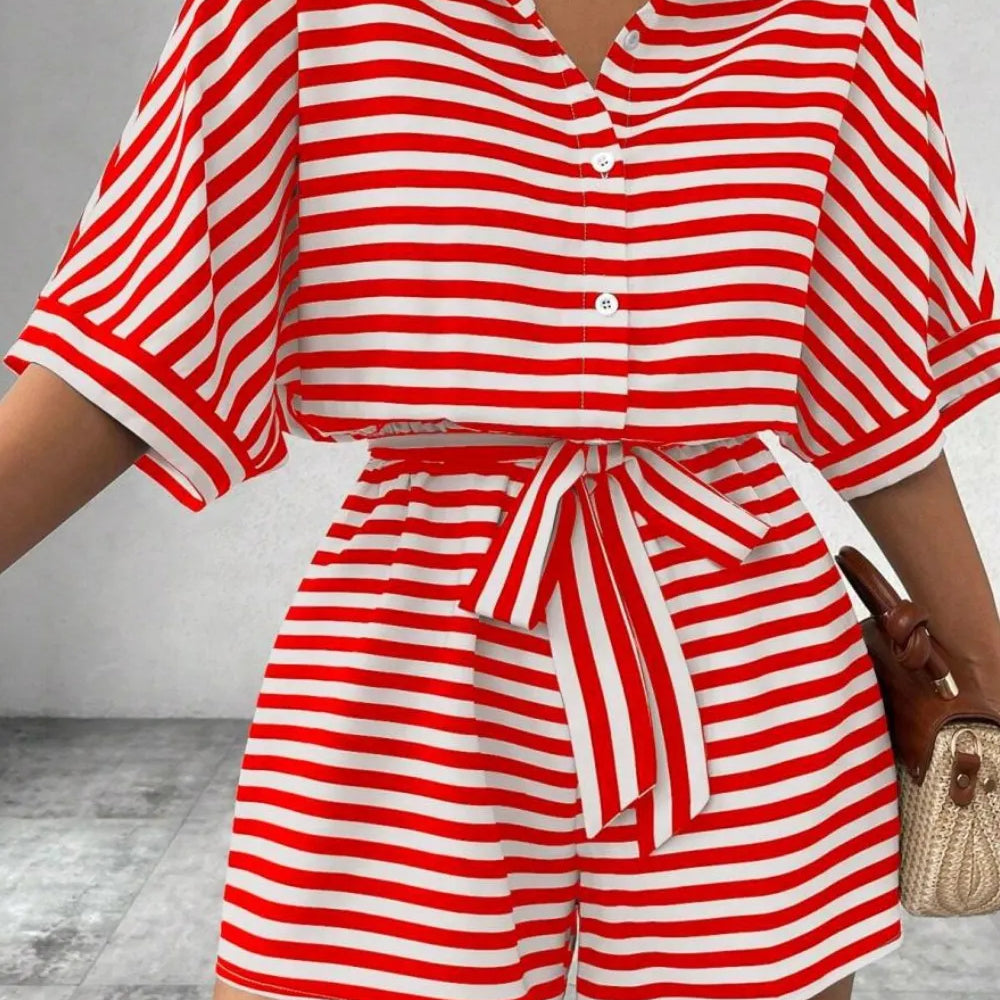 Striped Collared Neck Tie Waist Romper-Krush Kandy, Women's Online Fashion Boutique Located in Phoenix, Arizona (Scottsdale Area)