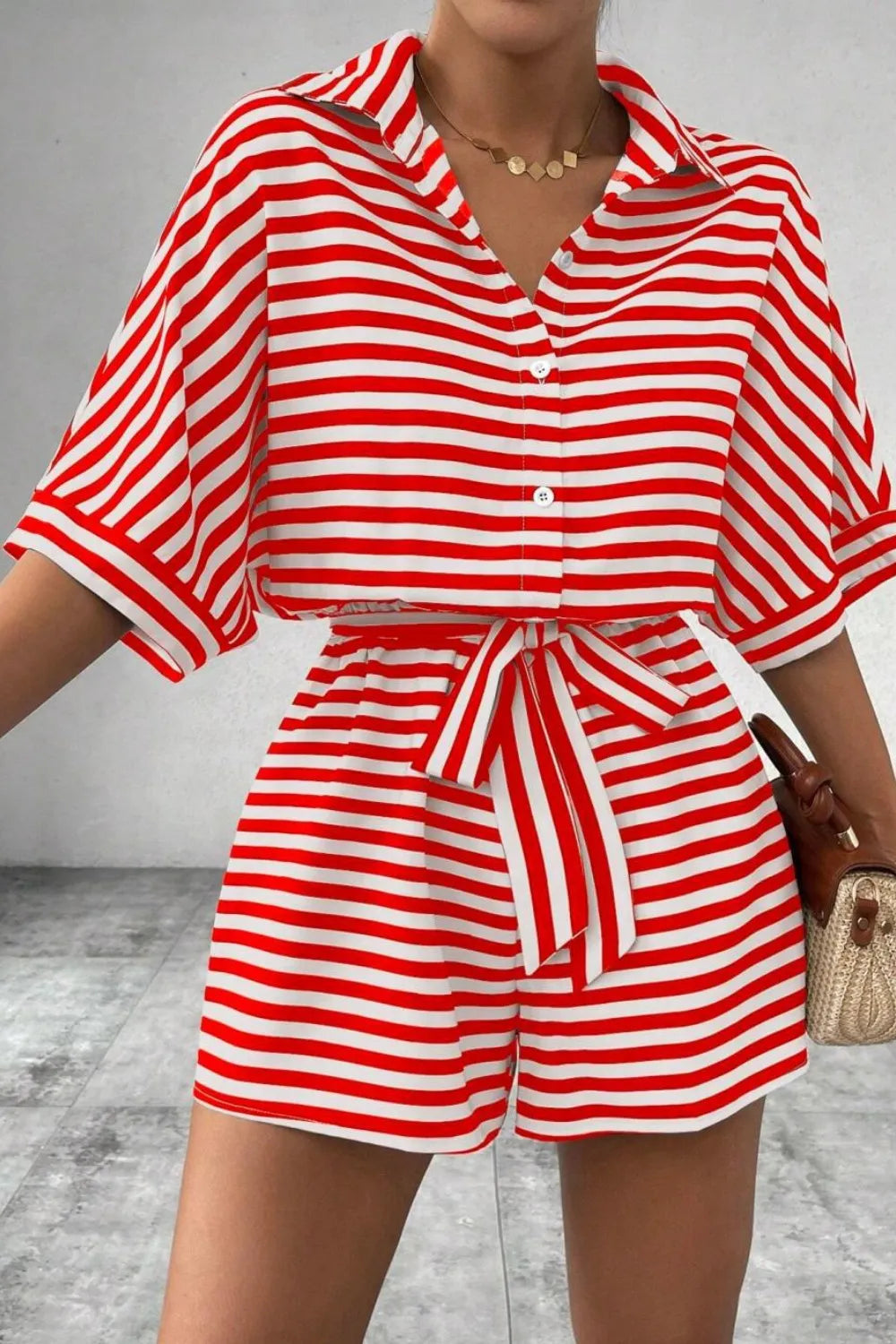Striped Collared Neck Tie Waist Romper-Krush Kandy, Women's Online Fashion Boutique Located in Phoenix, Arizona (Scottsdale Area)