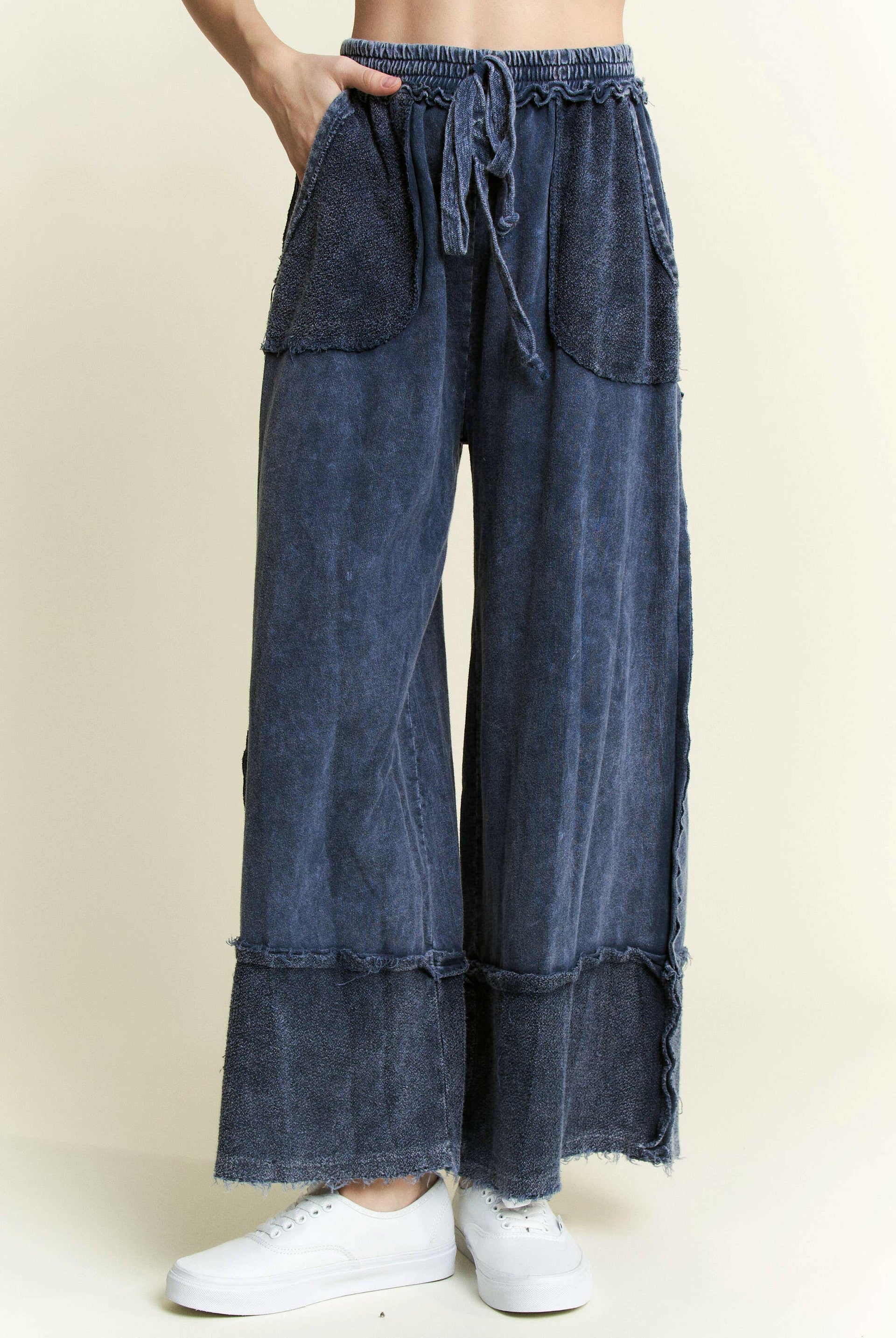 J.HER Mineral Wash Wide Pants with Raw Hem Frayed Details-Pants-Krush Kandy, Women's Online Fashion Boutique Located in Phoenix, Arizona (Scottsdale Area)