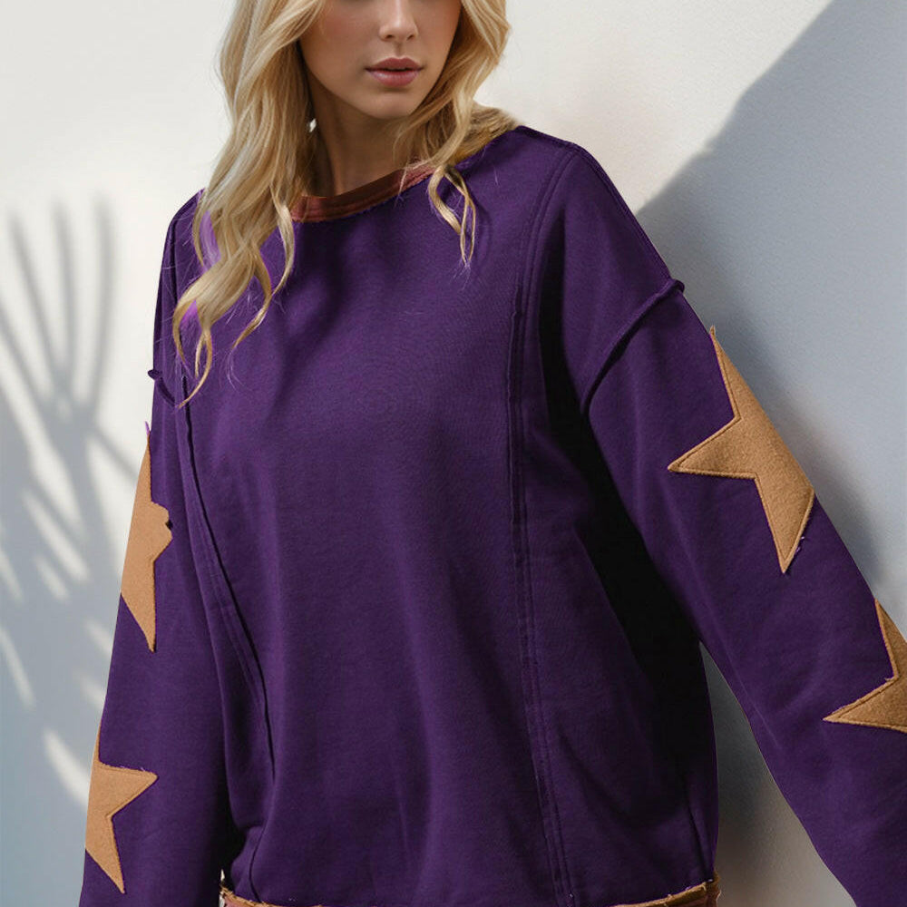 Star Patched Long Sleeve Sweatshirt-Sweatshirts-Krush Kandy, Women's Online Fashion Boutique Located in Phoenix, Arizona (Scottsdale Area)