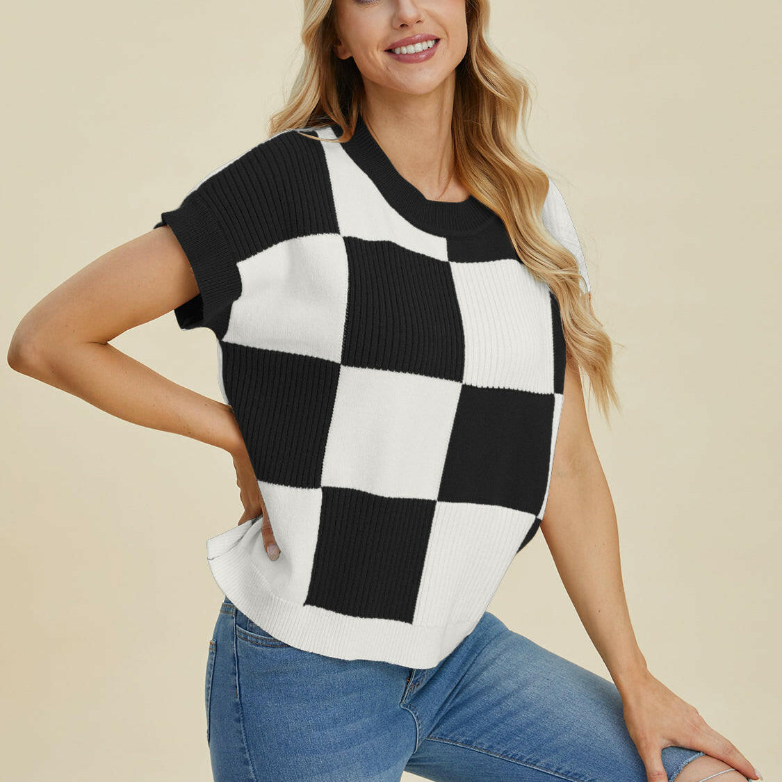 Double Take Full Size Checkered Round Neck Short Sleeve Sweater-Tops-Krush Kandy, Women's Online Fashion Boutique Located in Phoenix, Arizona (Scottsdale Area)