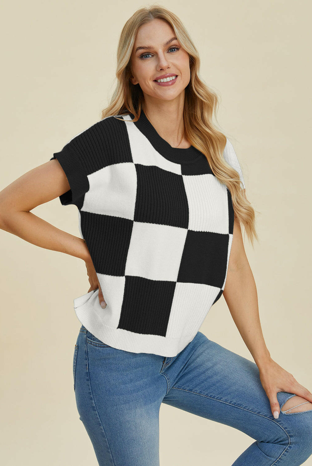 Double Take Full Size Checkered Round Neck Short Sleeve Sweater-Tops-Krush Kandy, Women's Online Fashion Boutique Located in Phoenix, Arizona (Scottsdale Area)