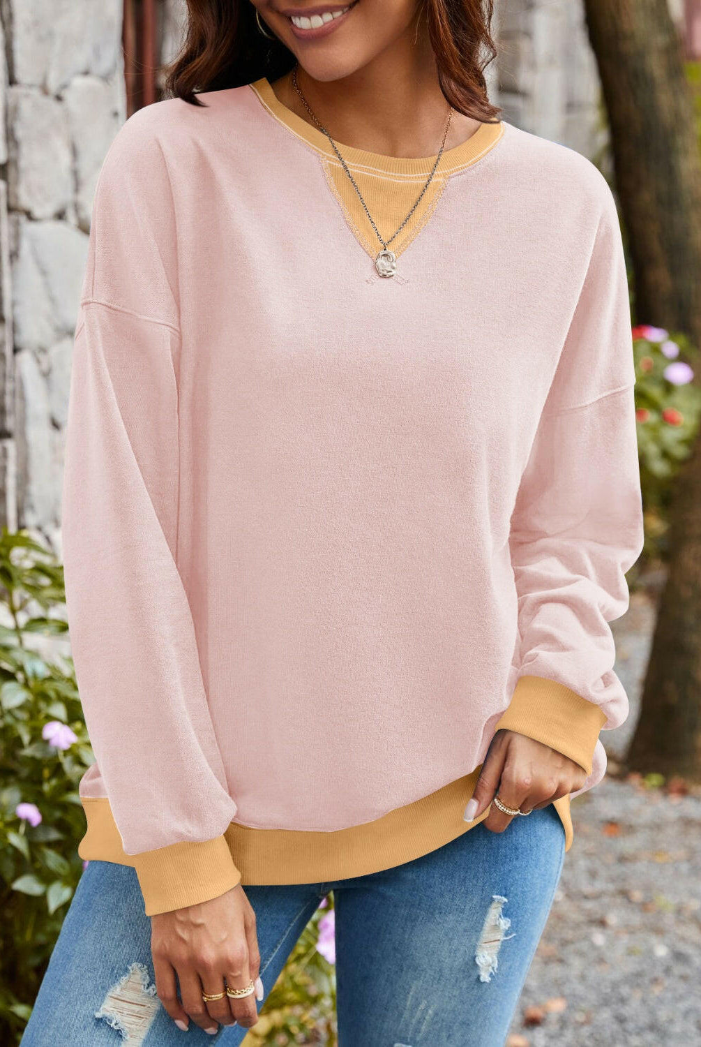 Lovelet Contrast Round Neck Long Sleeve Sweatshirt-Krush Kandy, Women's Online Fashion Boutique Located in Phoenix, Arizona (Scottsdale Area)