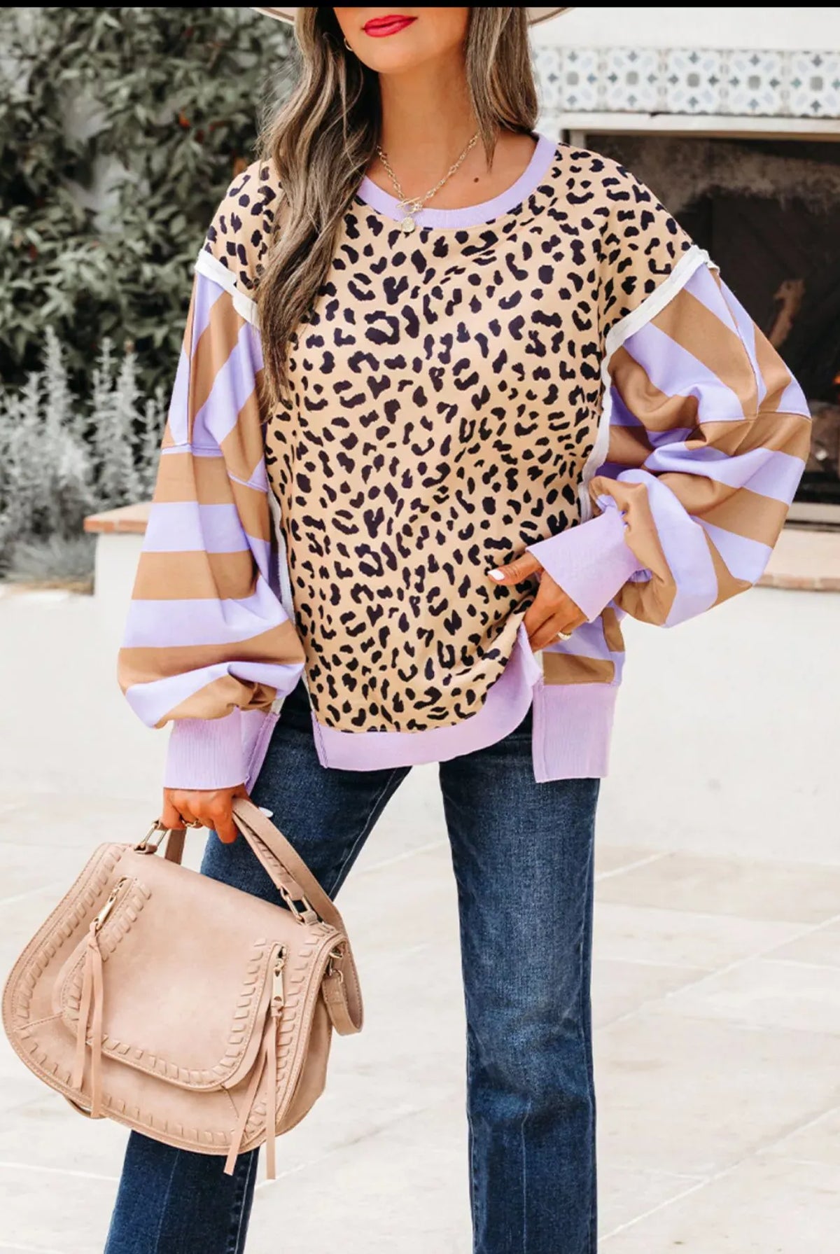 Stripe Color Block Patchwork Leopard Casual Sweatshirt with Slits-Sweaters-Krush Kandy, Women's Online Fashion Boutique Located in Phoenix, Arizona (Scottsdale Area)