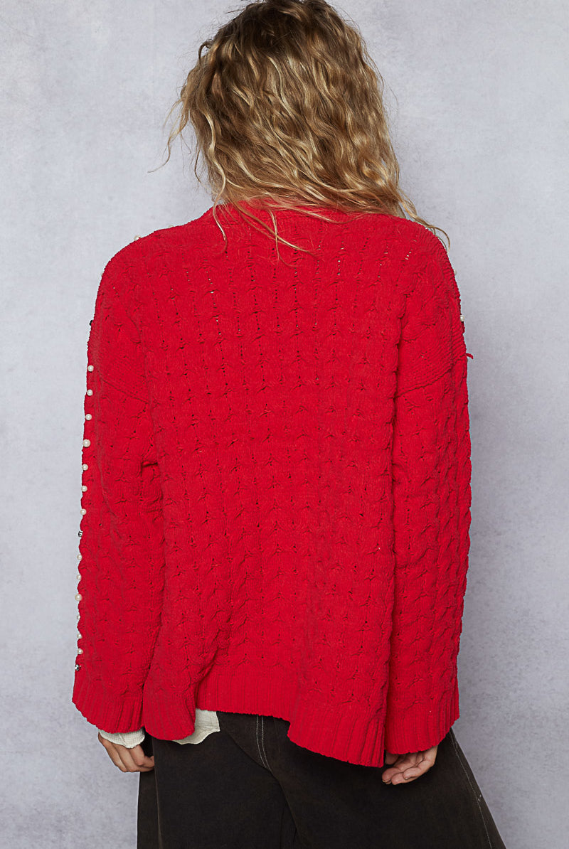 POL Pearl-Embellished Chenille Cardigan-Cardigans-Krush Kandy, Women's Online Fashion Boutique Located in Phoenix, Arizona (Scottsdale Area)