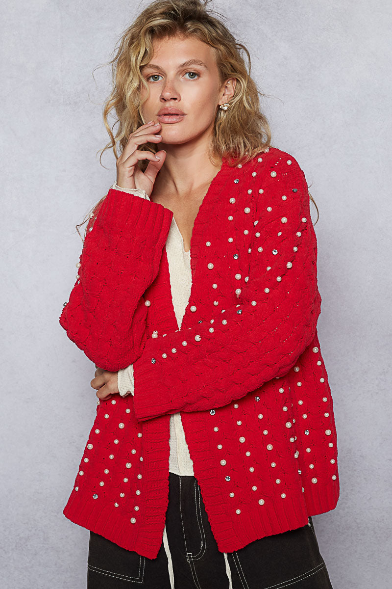 POL Pearl-Embellished Chenille Cardigan-Cardigans-Krush Kandy, Women's Online Fashion Boutique Located in Phoenix, Arizona (Scottsdale Area)