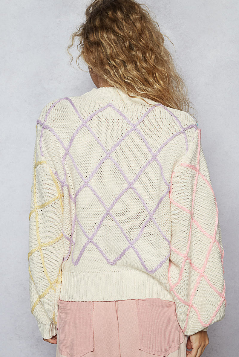 POL Pastel Grid Balloon Sleeve Sweater-Sweaters-Krush Kandy, Women's Online Fashion Boutique Located in Phoenix, Arizona (Scottsdale Area)