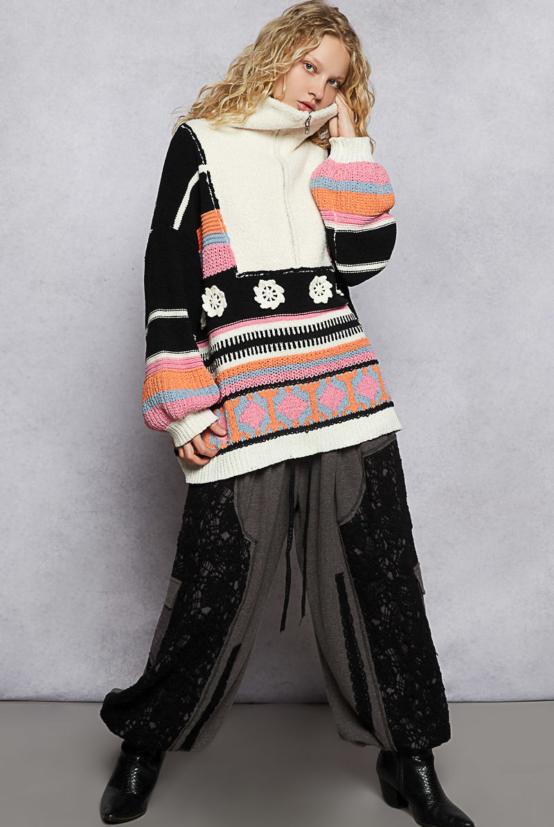POL Half-Zip Patchwork Chenille Sweater-Sweaters-Krush Kandy, Women's Online Fashion Boutique Located in Phoenix, Arizona (Scottsdale Area)