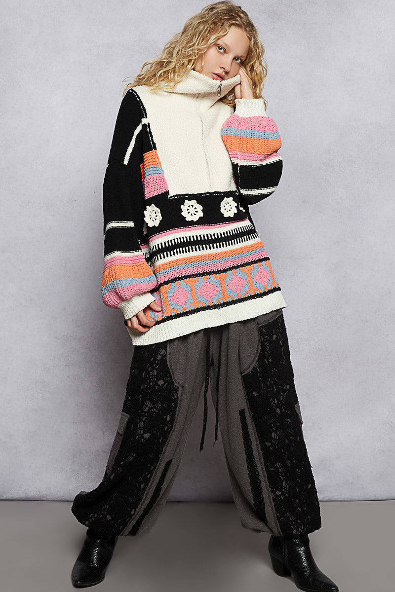 POL Half-Zip Patchwork Chenille Sweater-Sweaters-Krush Kandy, Women's Online Fashion Boutique Located in Phoenix, Arizona (Scottsdale Area)