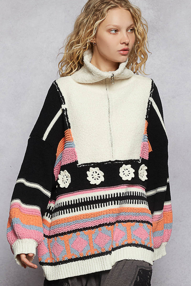 POL Half-Zip Patchwork Chenille Sweater-Sweaters-Krush Kandy, Women's Online Fashion Boutique Located in Phoenix, Arizona (Scottsdale Area)