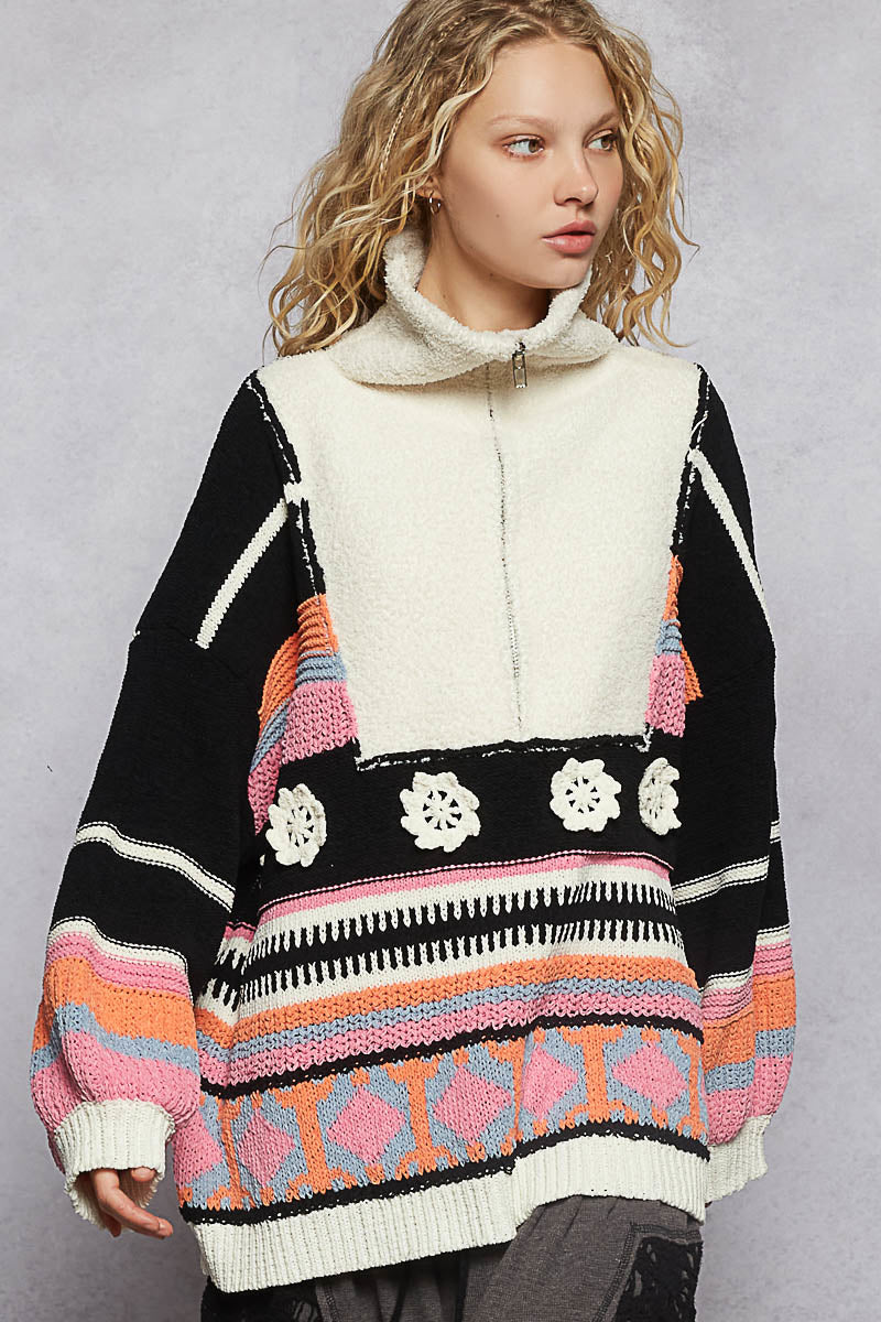 POL Half-Zip Patchwork Chenille Sweater-Sweaters-Krush Kandy, Women's Online Fashion Boutique Located in Phoenix, Arizona (Scottsdale Area)
