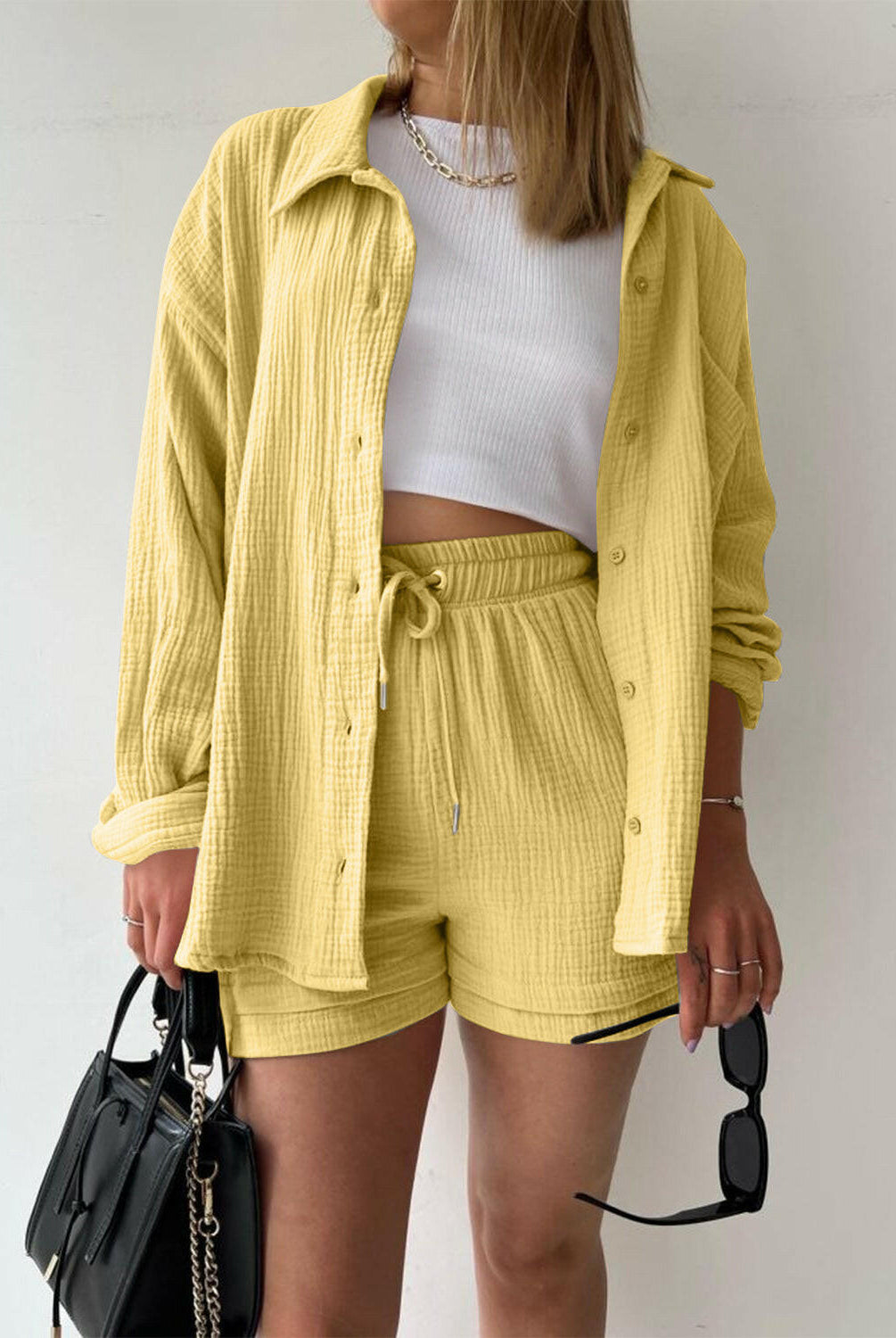 Kinsley Texture Button-Up Shirt and Drawstring Shorts Set-Krush Kandy, Women's Online Fashion Boutique Located in Phoenix, Arizona (Scottsdale Area)