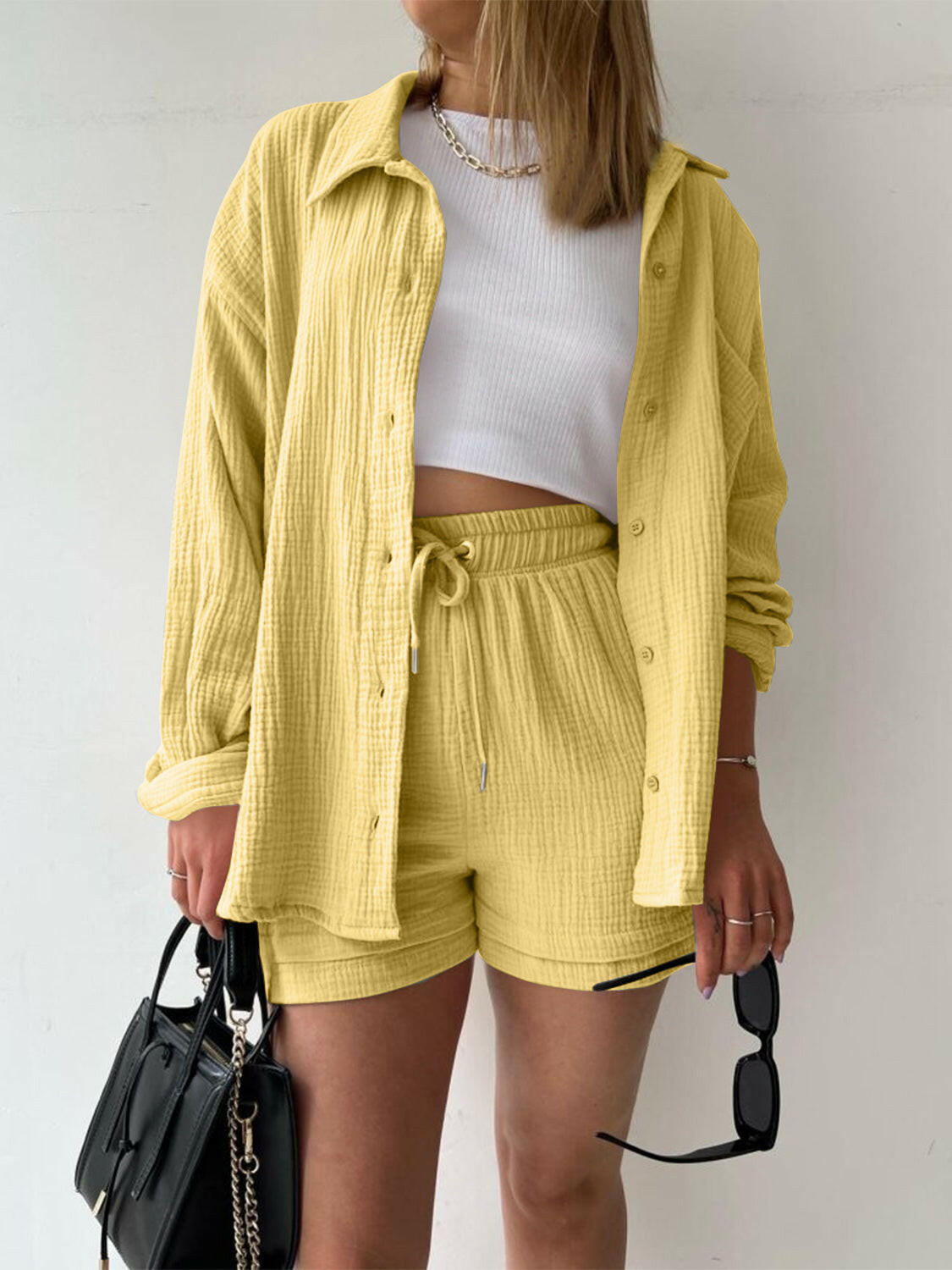 Kinsley Texture Button-Up Shirt and Drawstring Shorts Set-Krush Kandy, Women's Online Fashion Boutique Located in Phoenix, Arizona (Scottsdale Area)