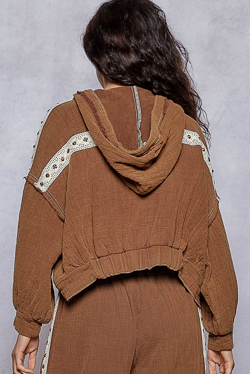 POL Studded Trim Gauze Ho odie-Hoodies-Krush Kandy, Women's Online Fashion Boutique Located in Phoenix, Arizona (Scottsdale Area)